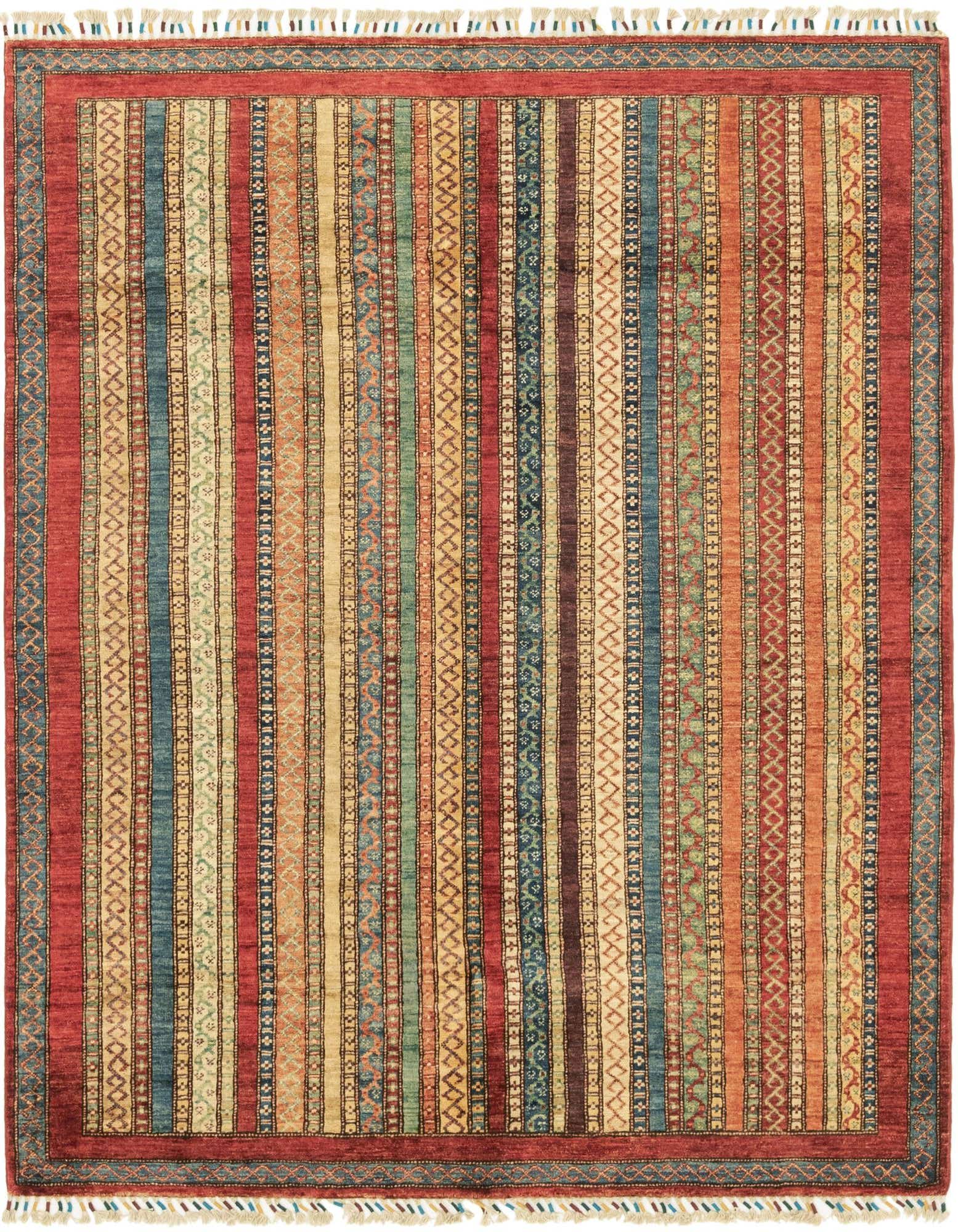 A 4x6 multi-colored rectangular Ariana Ziegler rug with vertical stripes in tribal and modern patterns, featuring a red border and fringe.