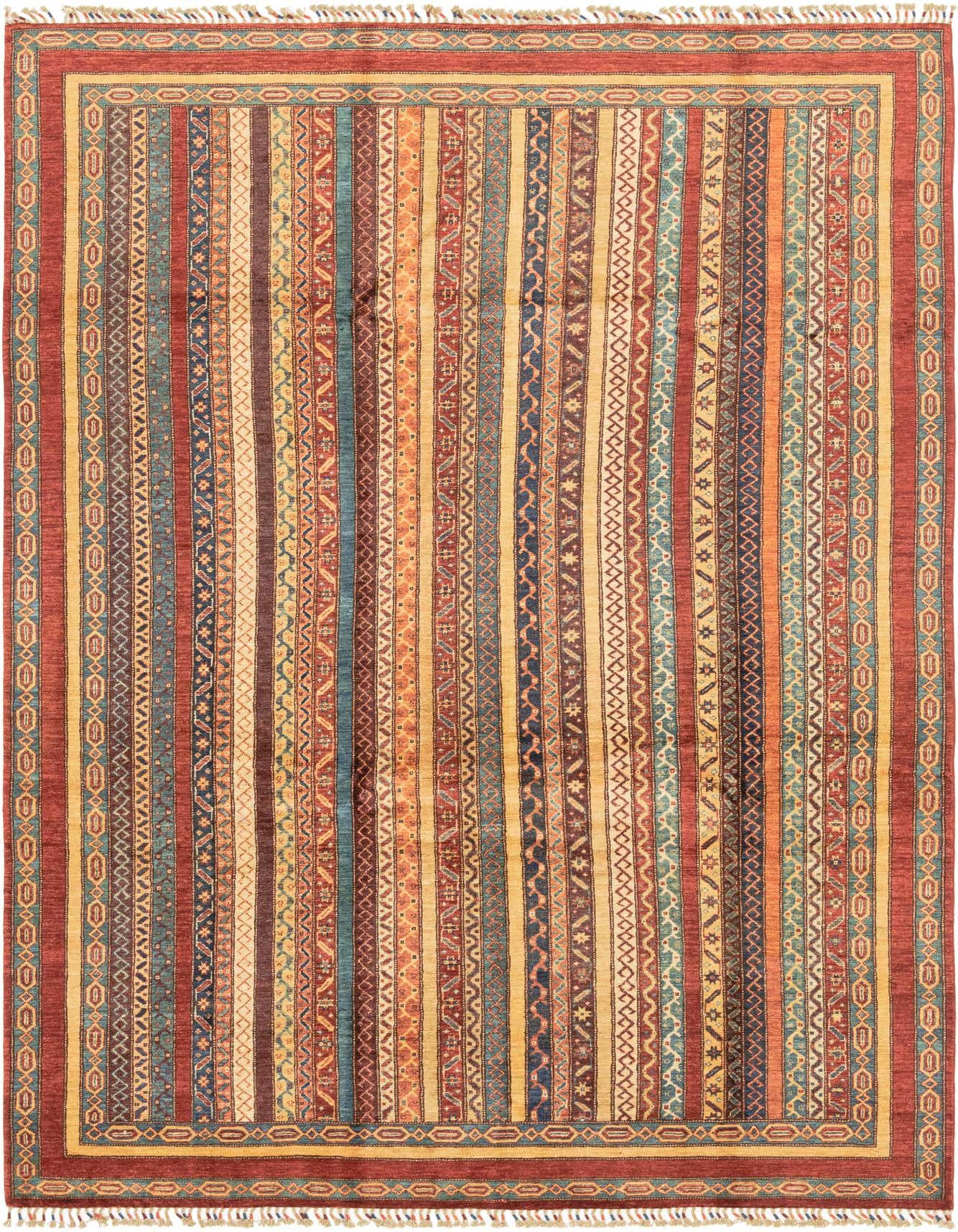 A 7x10 multi-colored rectangular Ariana Ziegler wool rug with traditional Southwestern stripe patterns and a red border.