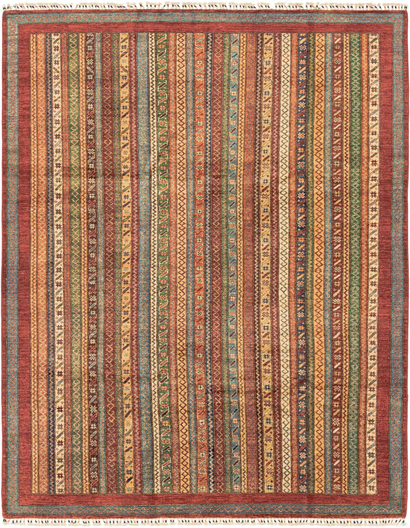 A 7x10 rectangular Ariana Ziegler rug featuring multi-colored stripes with intricate Southwestern and tribal patterns, bordered in deep red.