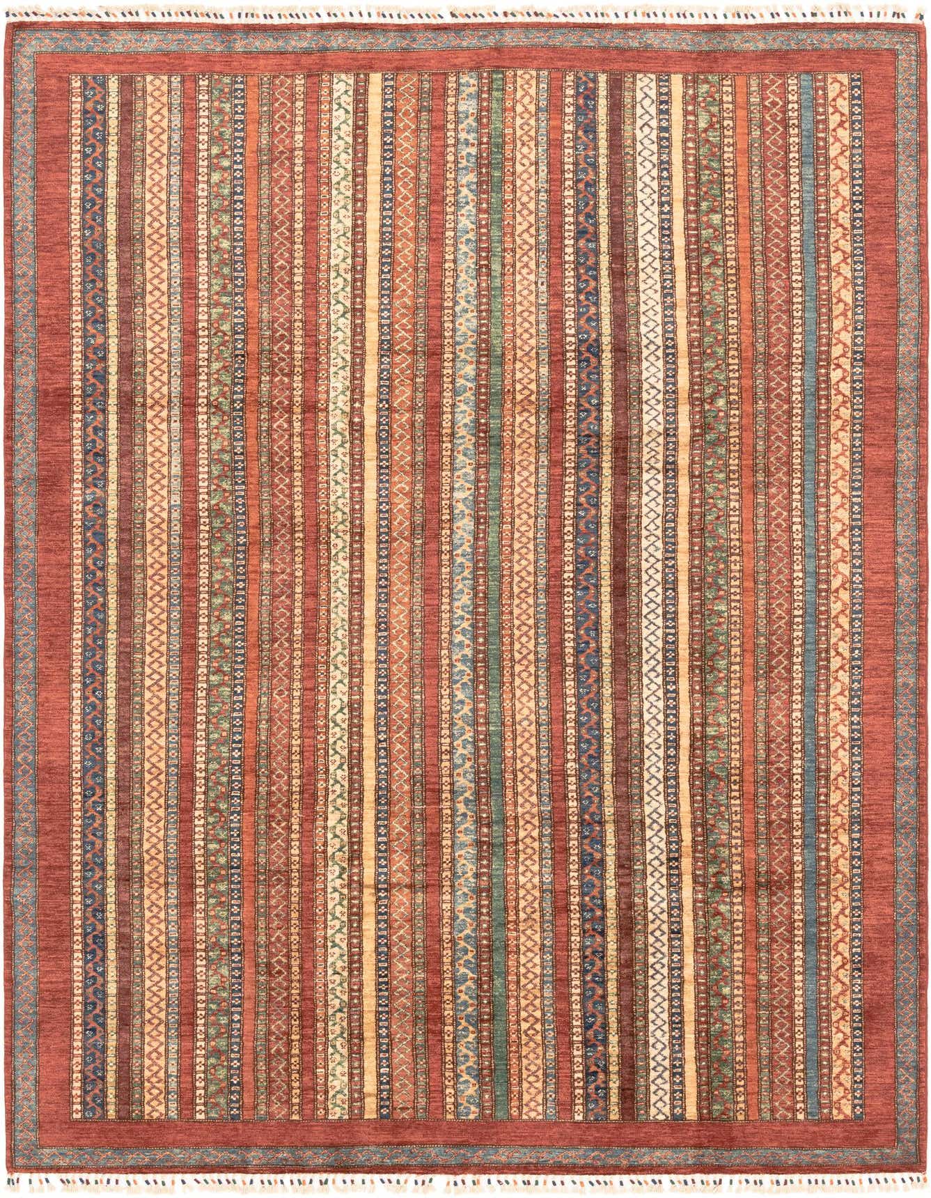 7x10 rectangular Ariana Ziegler rug with multi-colored traditional striped patterns and a red border, handmade from wool.