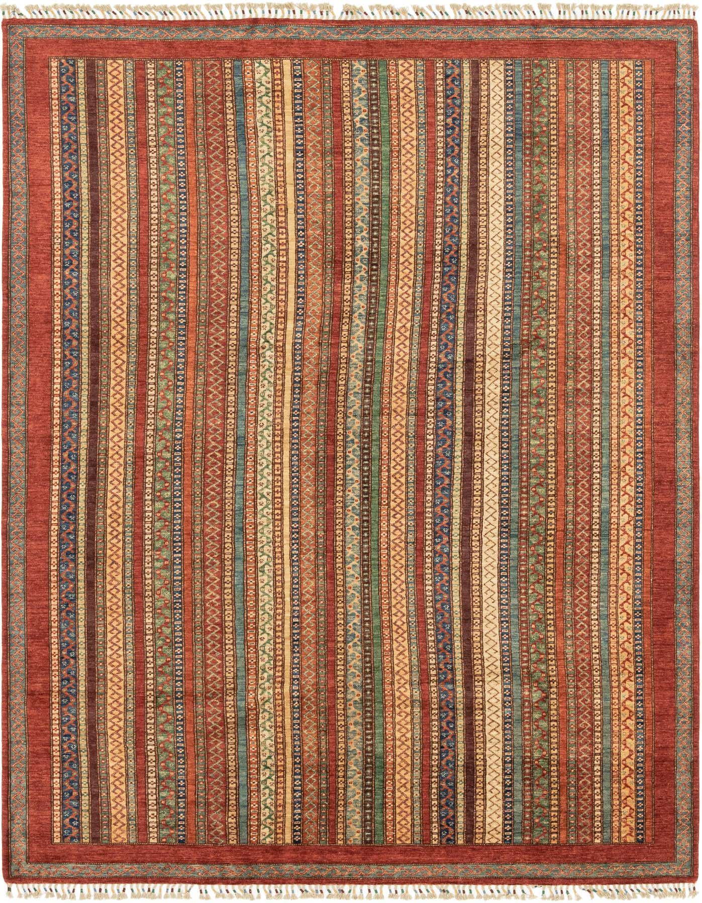 A 7x10 rectangular multi-colored Ariana Ziegler rug with traditional tribal stripes and a red border, handmade from wool.