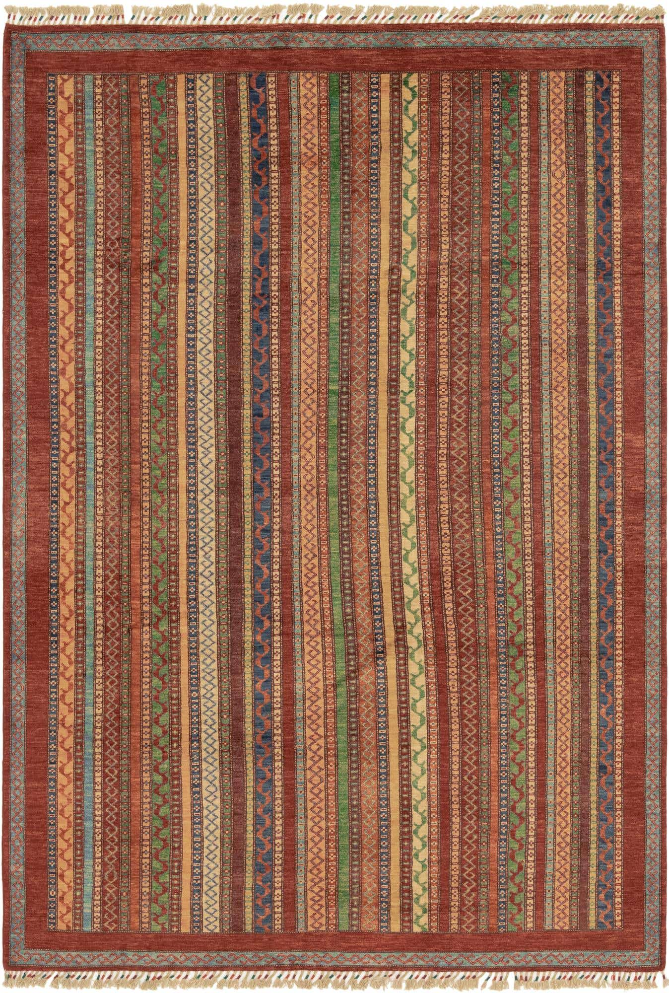 A 6x9 rectangular multi-colored Ariana Ziegler rug with traditional Southwestern stripes and tribal patterns, handmade from wool.