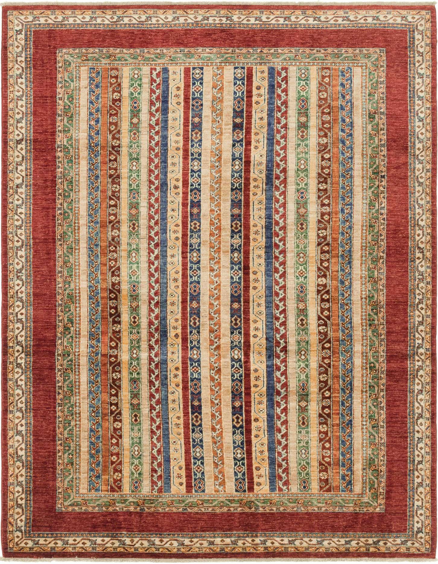 A 6x9 rectangular Ariana Ziegler rug featuring a multi-colored striped pattern with traditional tribal motifs and a wide red border.