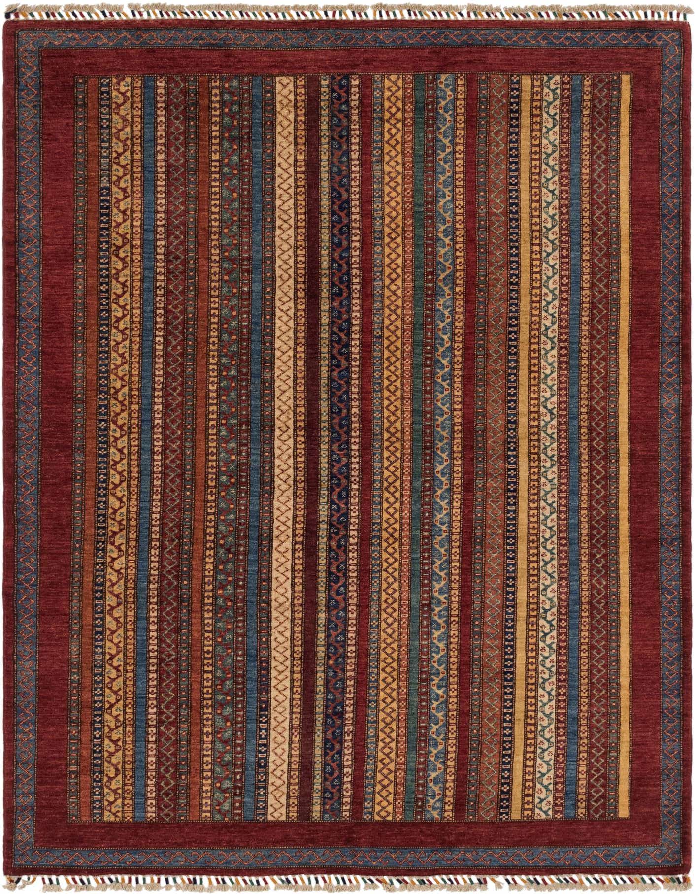A 6x9 rectangular multi-colored Southwestern rug with vertical stripes of various patterns and a deep red border, suitable for a living room.