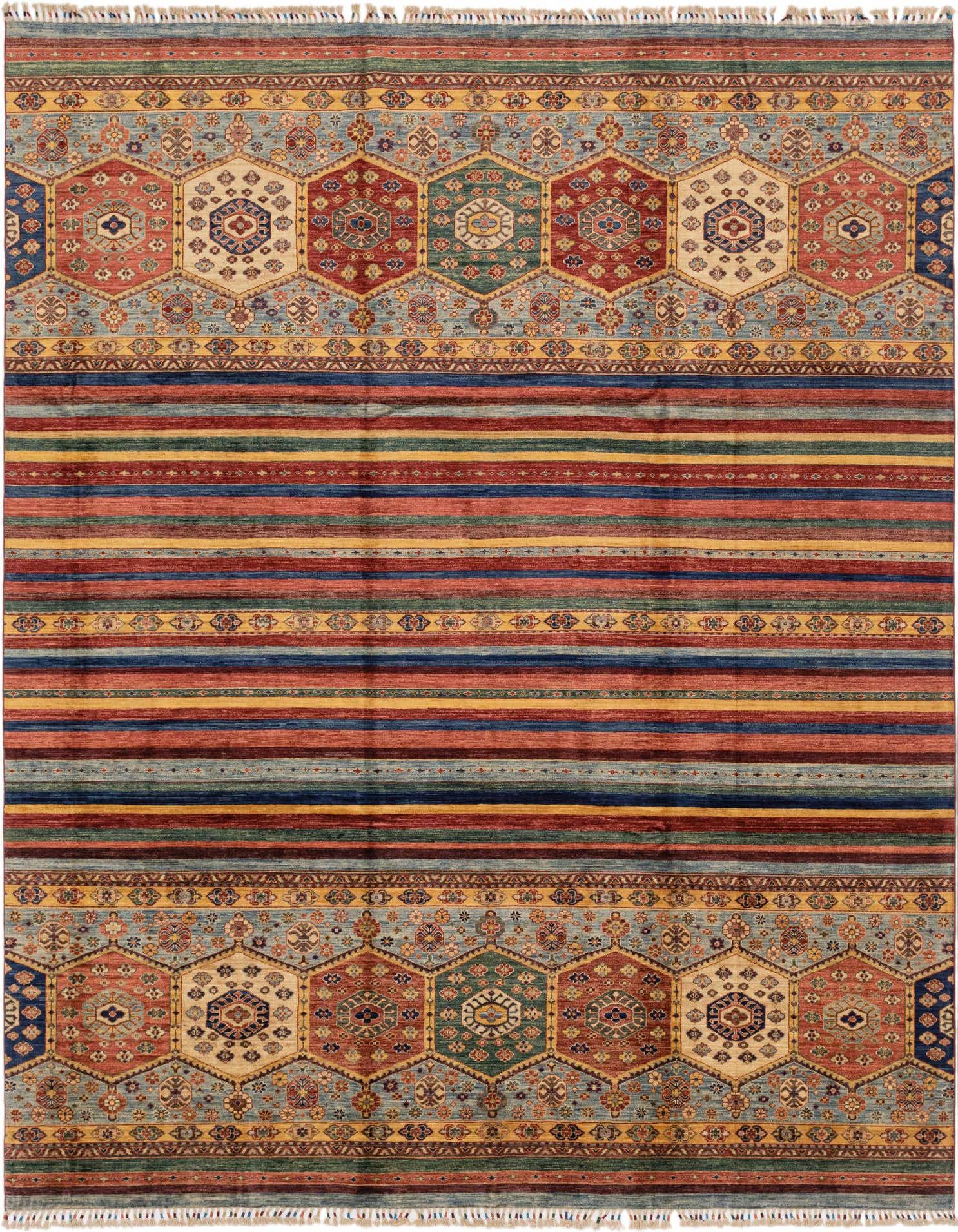A 9x12 multi-colored rectangular Ariana Ziegler rug with Southwestern and tribal patterns, featuring horizontal stripes and geometric medallions.