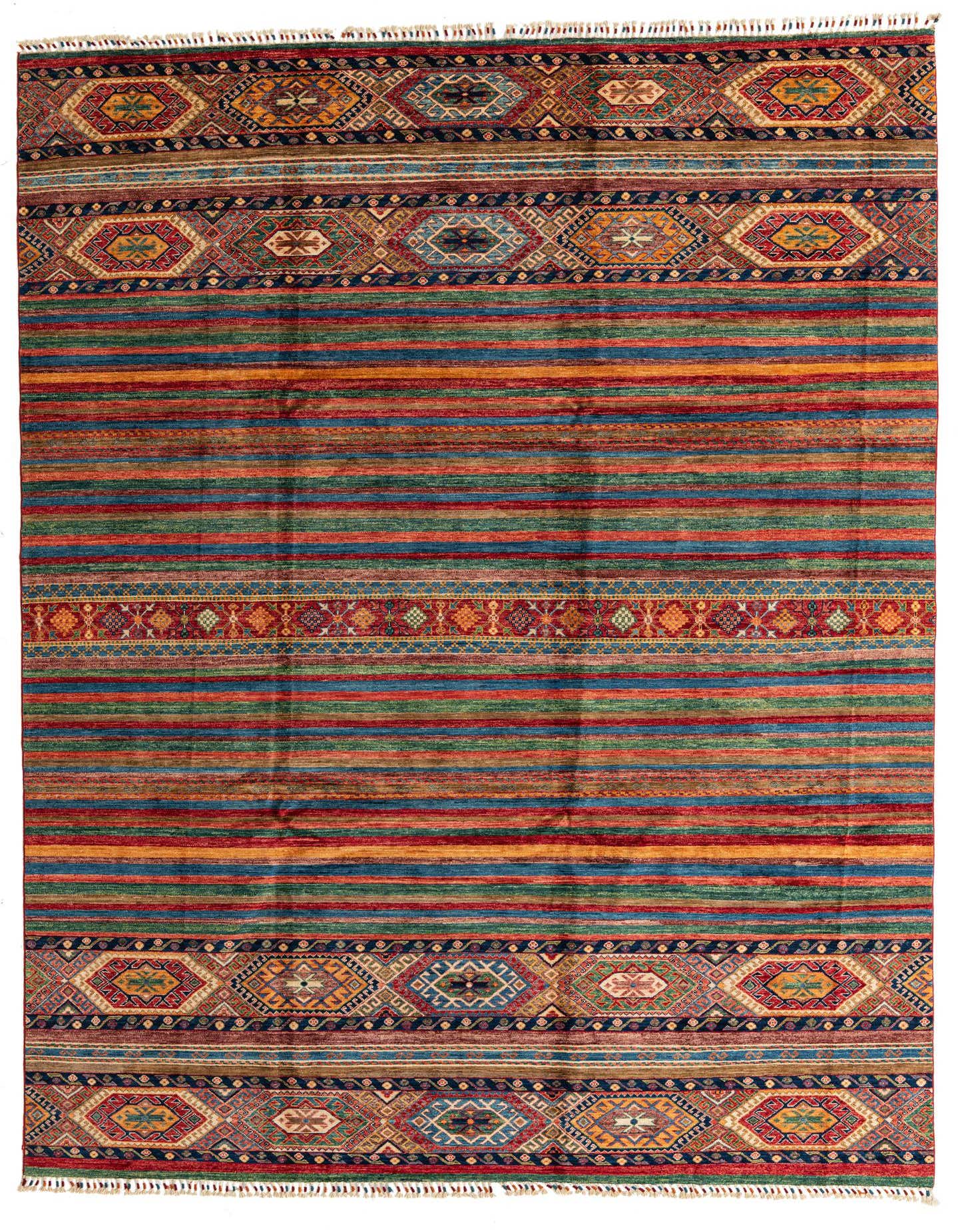 A vibrant 8x11 rectangular Ariana Ziegler rug with multi-colored stripes and intricate oriental patterns at the borders, made of hand-spun wool.