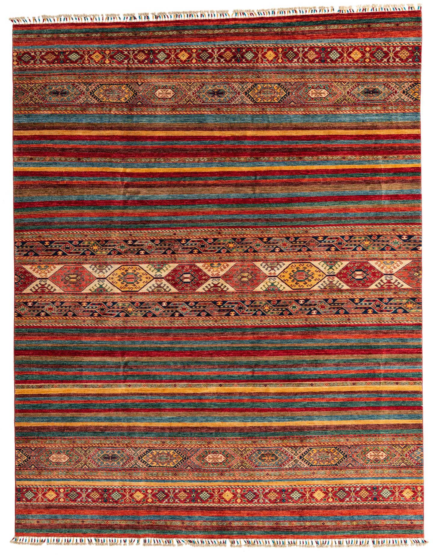 A vibrant 8x12 rectangular Ariana Ziegler rug with horizontal stripes in red, blue, yellow, and brown, interspersed with ornate geometric patterns.