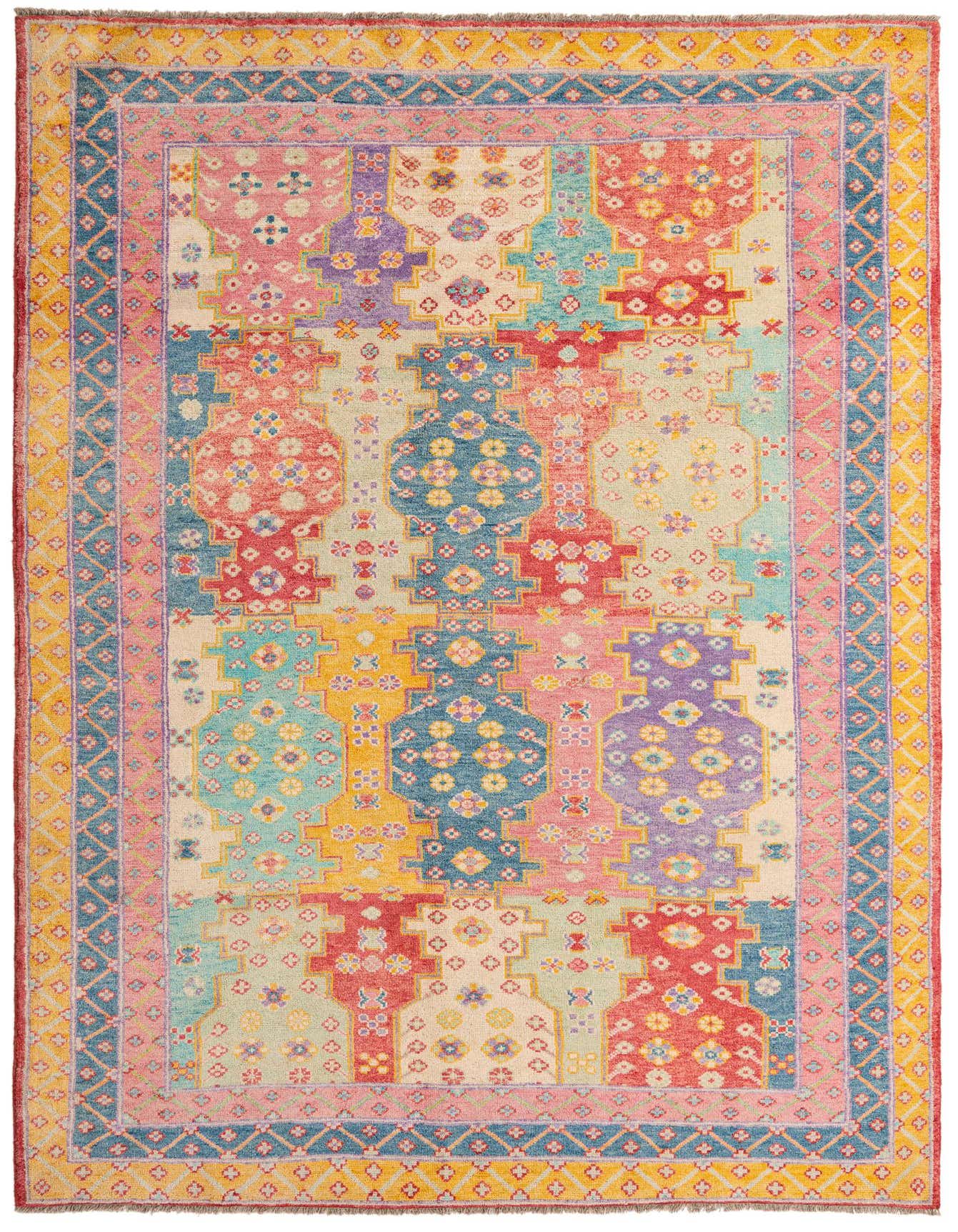 A vibrant 7x10 rectangular Ariana Ziegler rug featuring an abstract Oriental pattern in multi-colored hues, perfect for a living room.