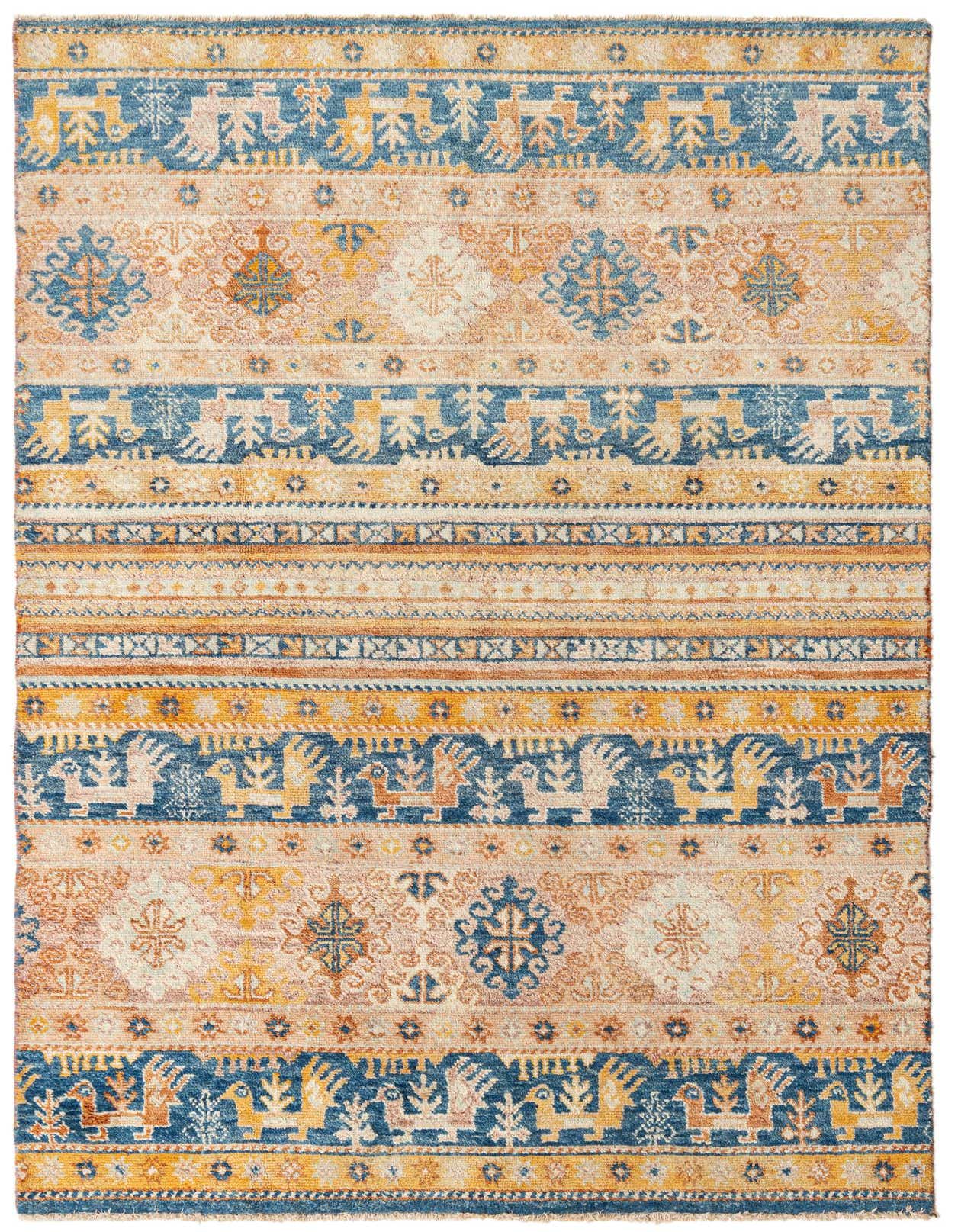 A rectangular 5x8 Ariana Ziegler rug featuring multi-colored Oriental and abstract patterns in blues, oranges, and creams.
