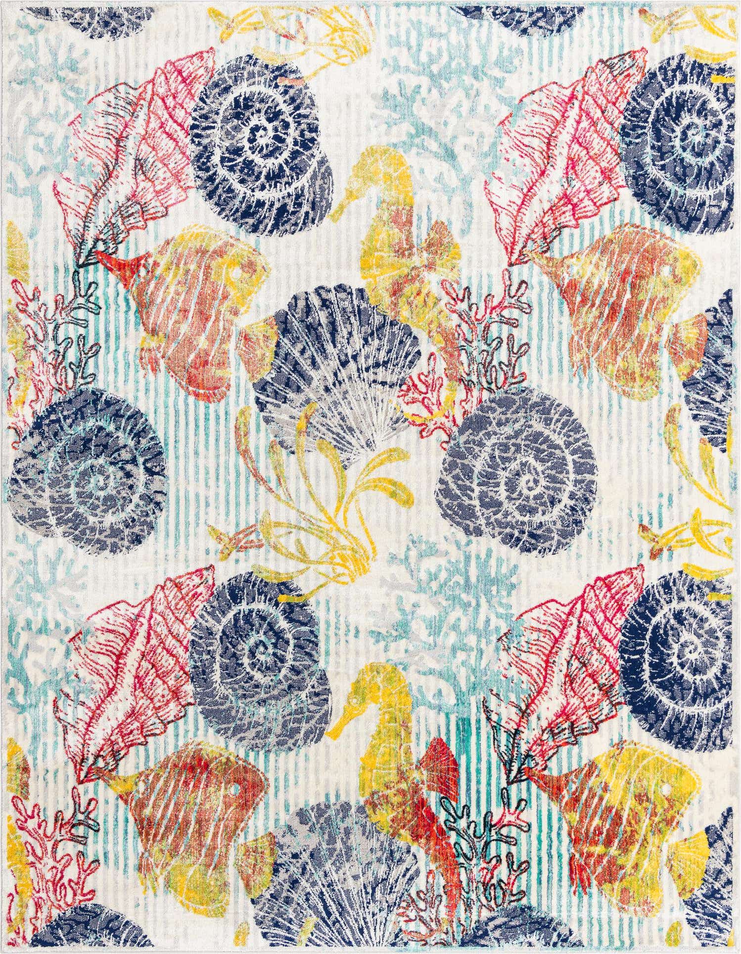 A multi-colored 9x12 rectangular rug with a vibrant modern floral pattern, featuring red, blue, and yellow elements on a light background, ideal for a living room.