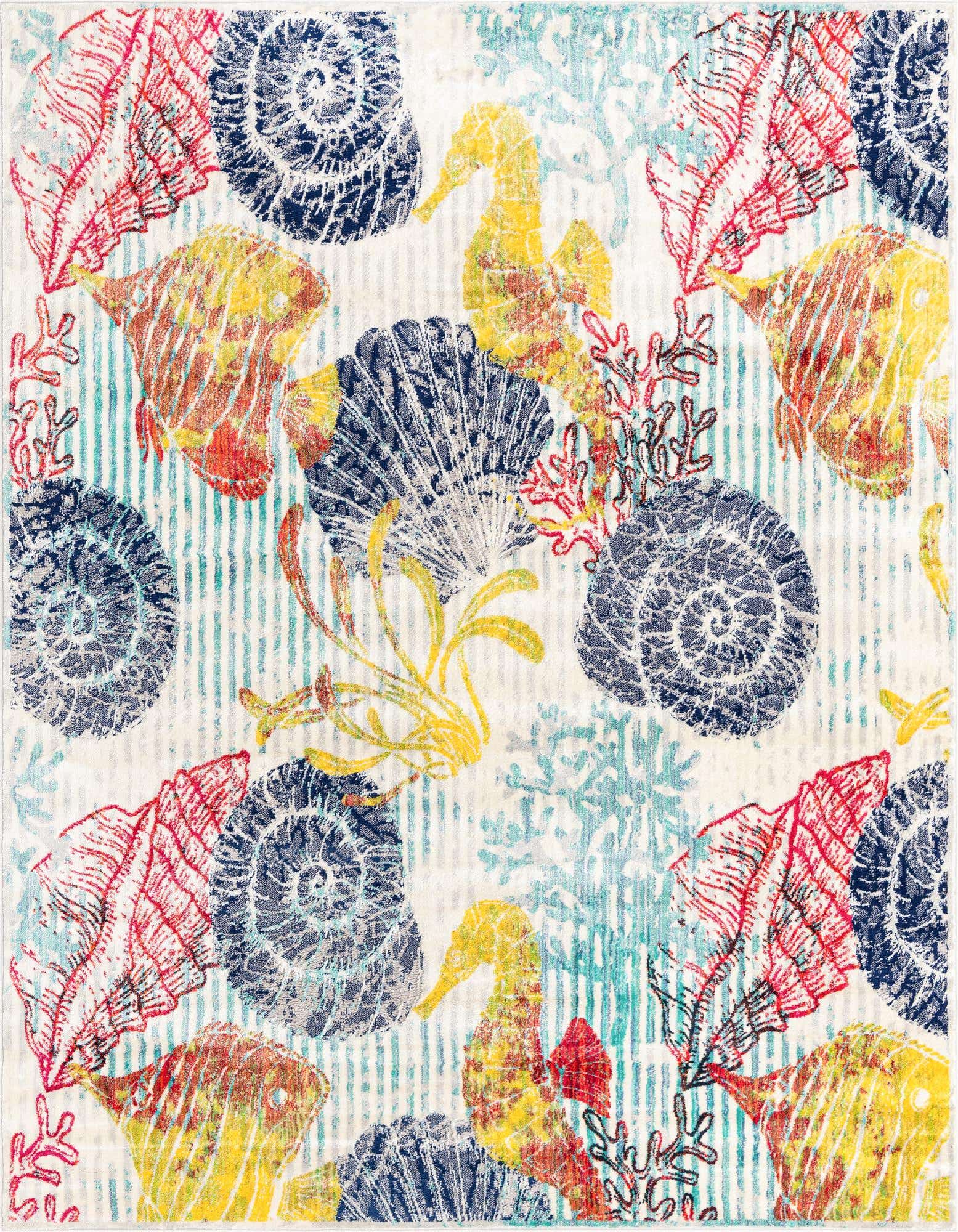 A multi-colored 8x10 rectangular rug featuring a vibrant modern vintage floral pattern with seahorses, seashells, and coral on a textured background.