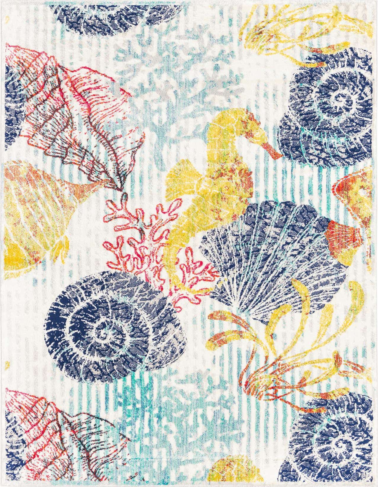 A 5x8 rectangular multi-colored rug with a vibrant modern vintage floral pattern featuring seashells, seahorses, and coral.