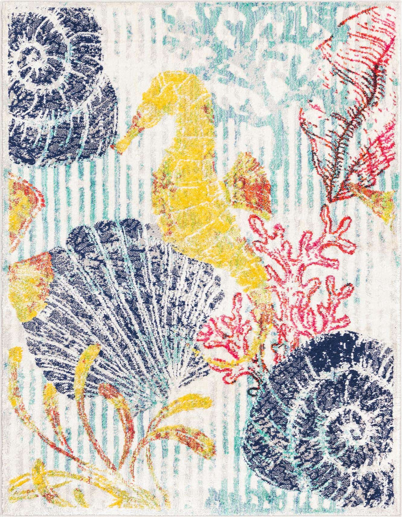 A 4x6 multi-colored rectangular rug with a vibrant modern vintage floral pattern, featuring seahorses, seashells, and coral on a white background.