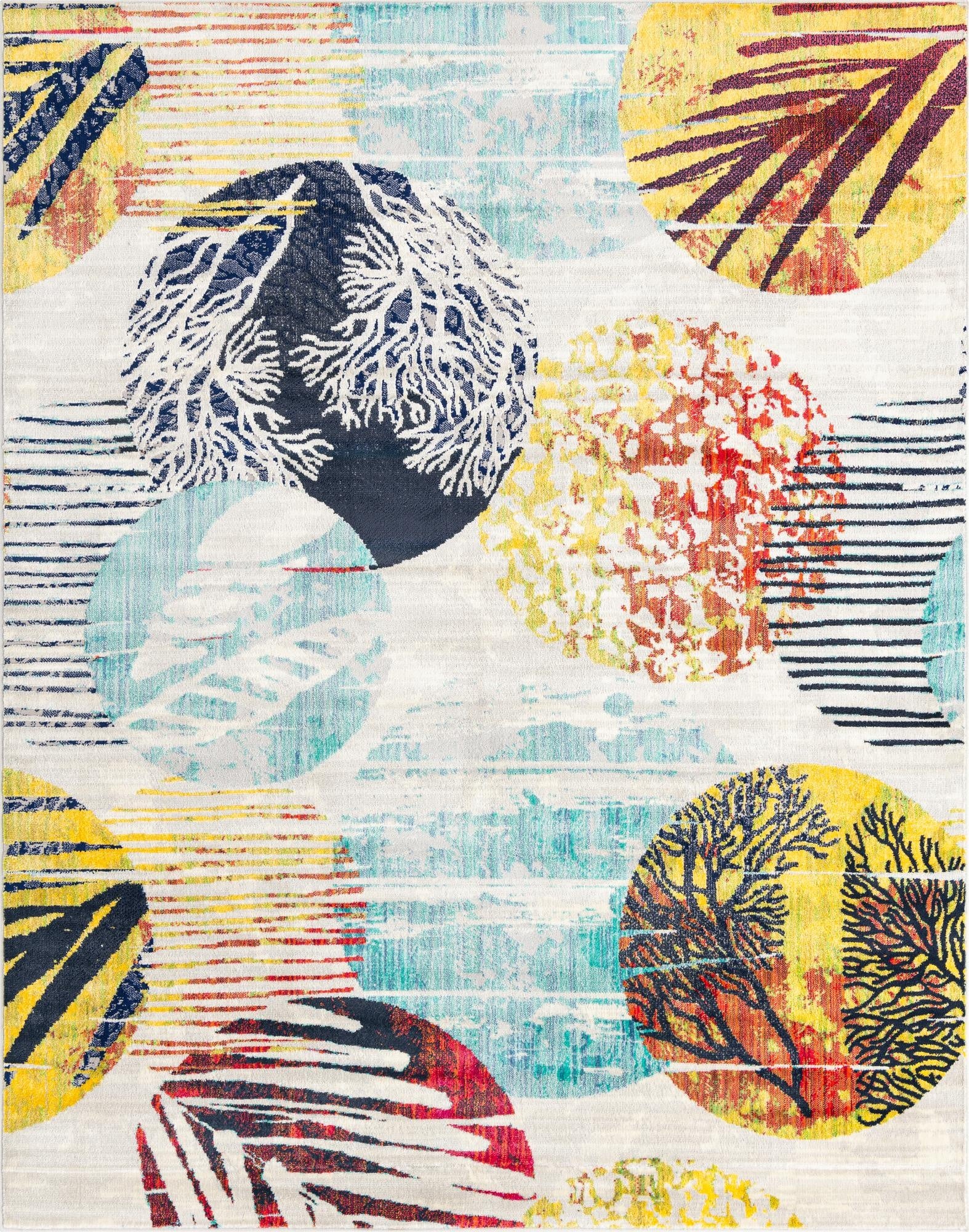 A vibrant 8x10 rectangular rug featuring large multi-colored circles with coral and leaf patterns on a distressed white and blue background.