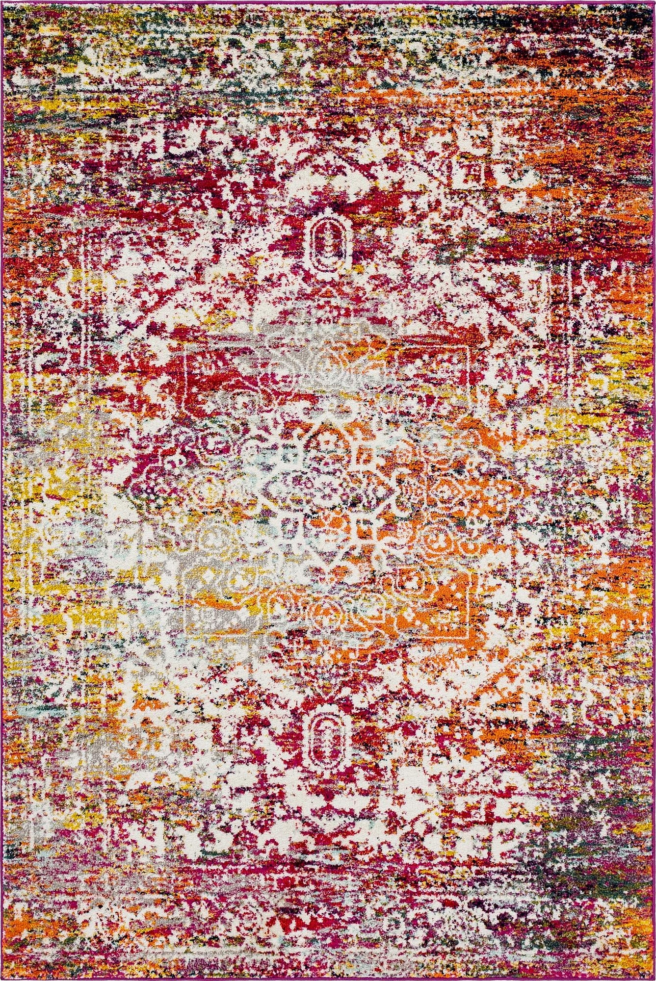 A 6x9 multi-colored rectangular rug with a distressed traditional medallion pattern in vibrant reds, oranges, yellows, and blues on a white background.