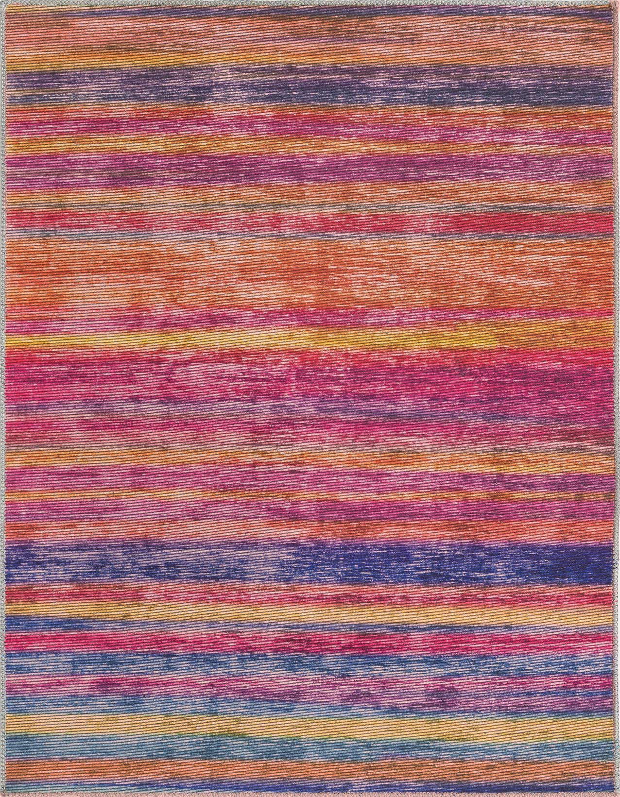 A 3x5 rectangular Asha rug with horizontal stripes in vibrant multi-colors, including pink, orange, purple, and blue.