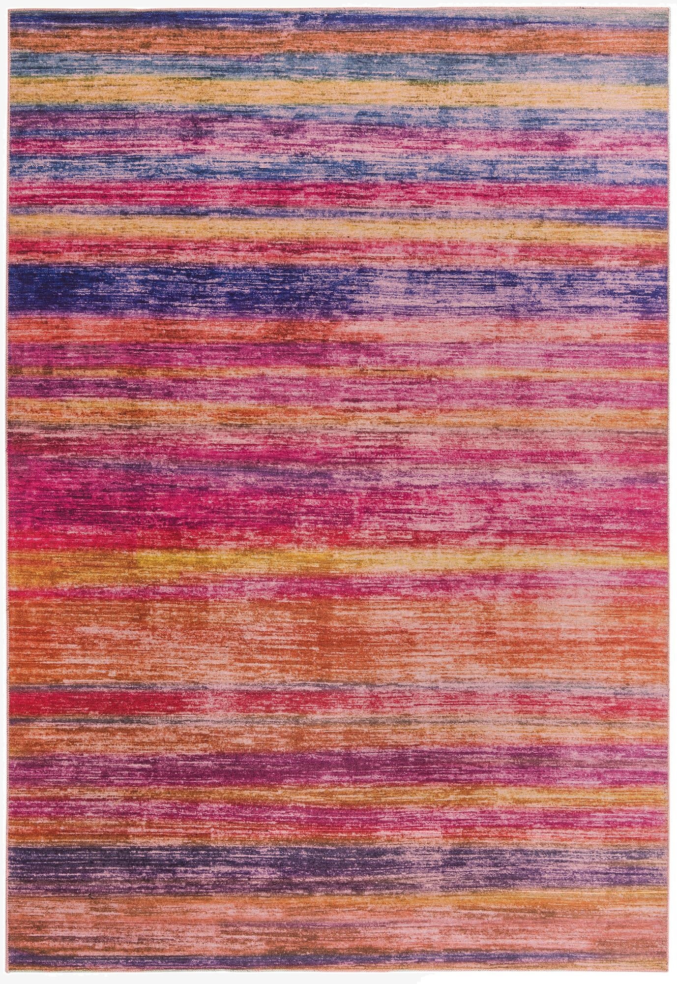 A vibrant 8x12 rectangular modern area rug featuring multi-colored horizontal stripes in shades of pink, orange, yellow, and blue.