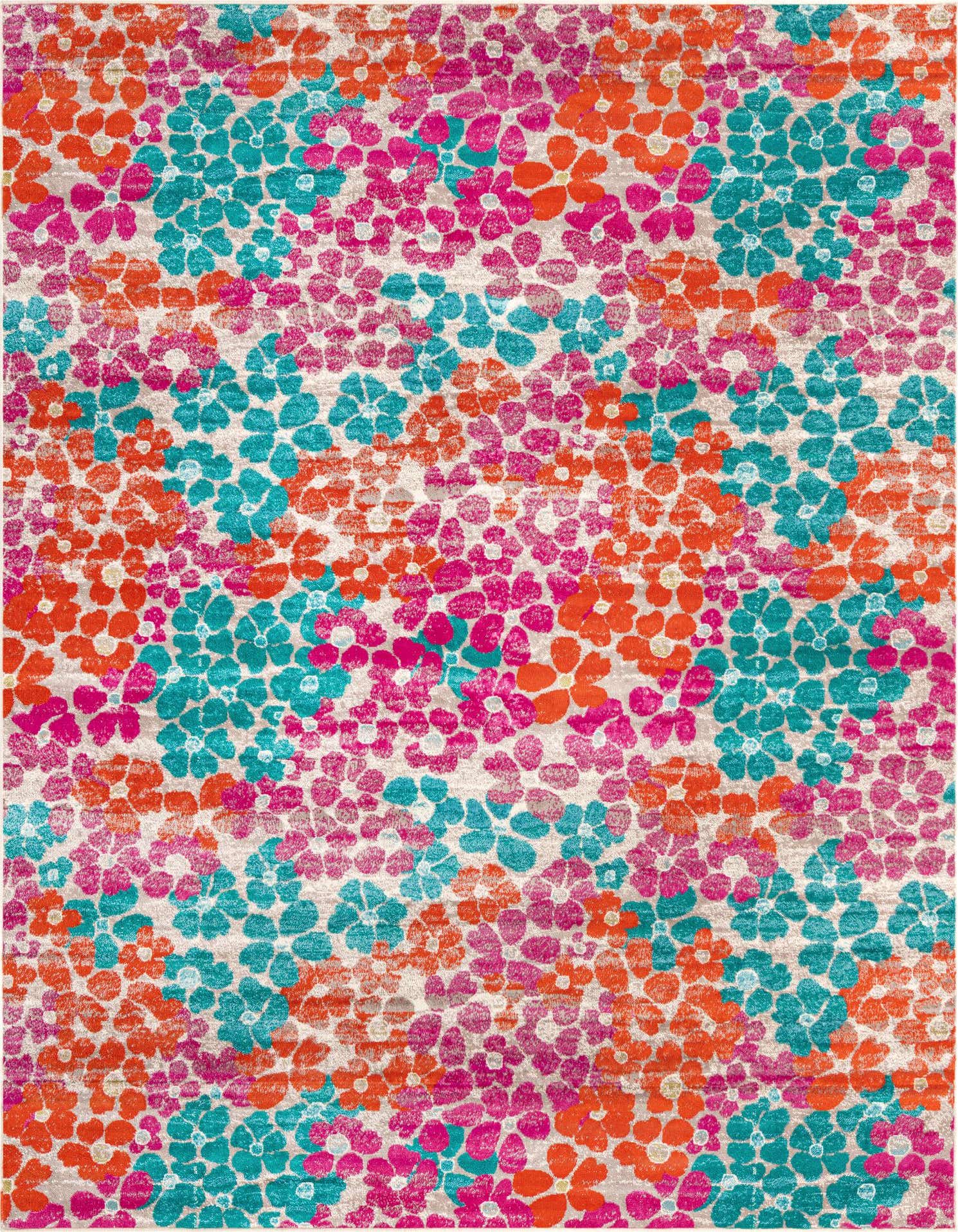 A 9x12 rectangular Azalea rug with a vibrant floral pattern in fuchsia, orange, and teal on a light background.