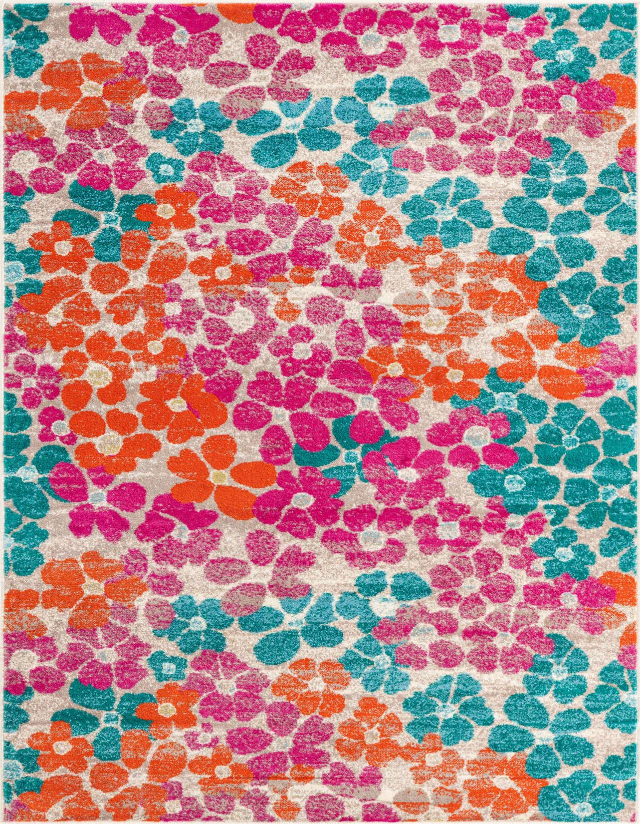 A 5x8 rectangular Azalea rug with a vibrant, modern floral pattern in fuchsia, orange, and teal on a light background.
