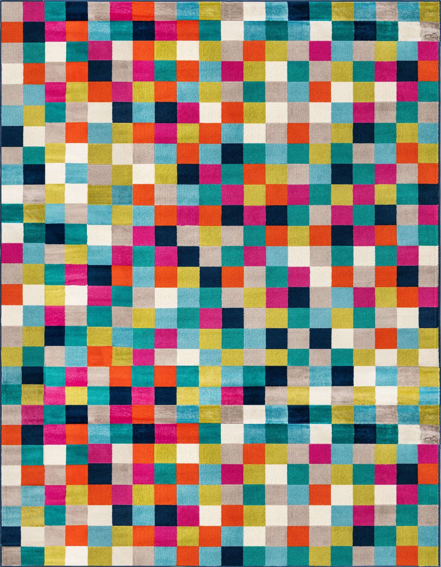 A 10x14 rectangular multi-colored modern rug featuring a vibrant checkerboard pattern of squares in various shades of blue, green, orange, pink, and beige.