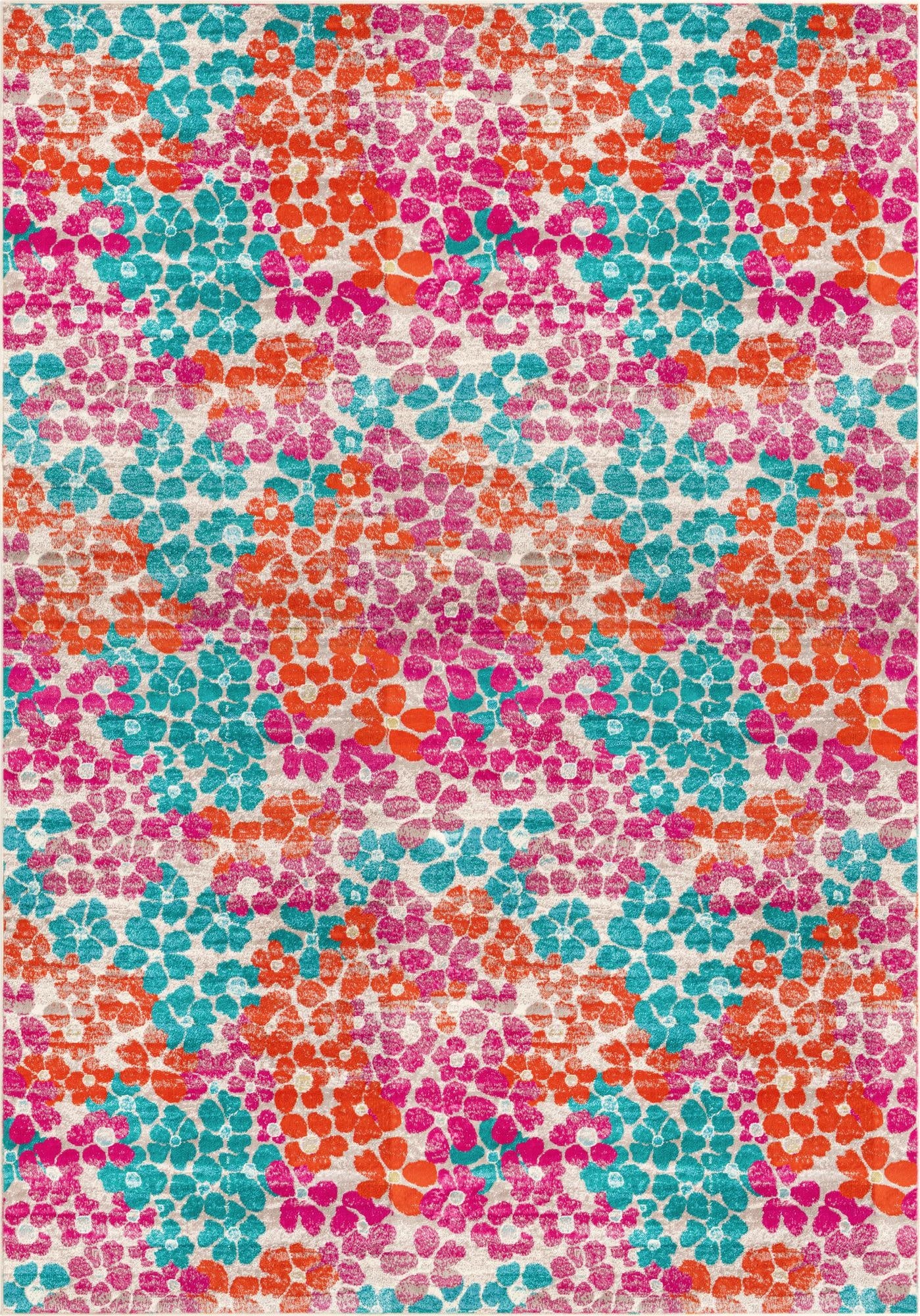 A 10x14 rectangular Azalea rug featuring a vibrant, multi-colored floral pattern with fuchsia, orange, and teal blooms on a light background.