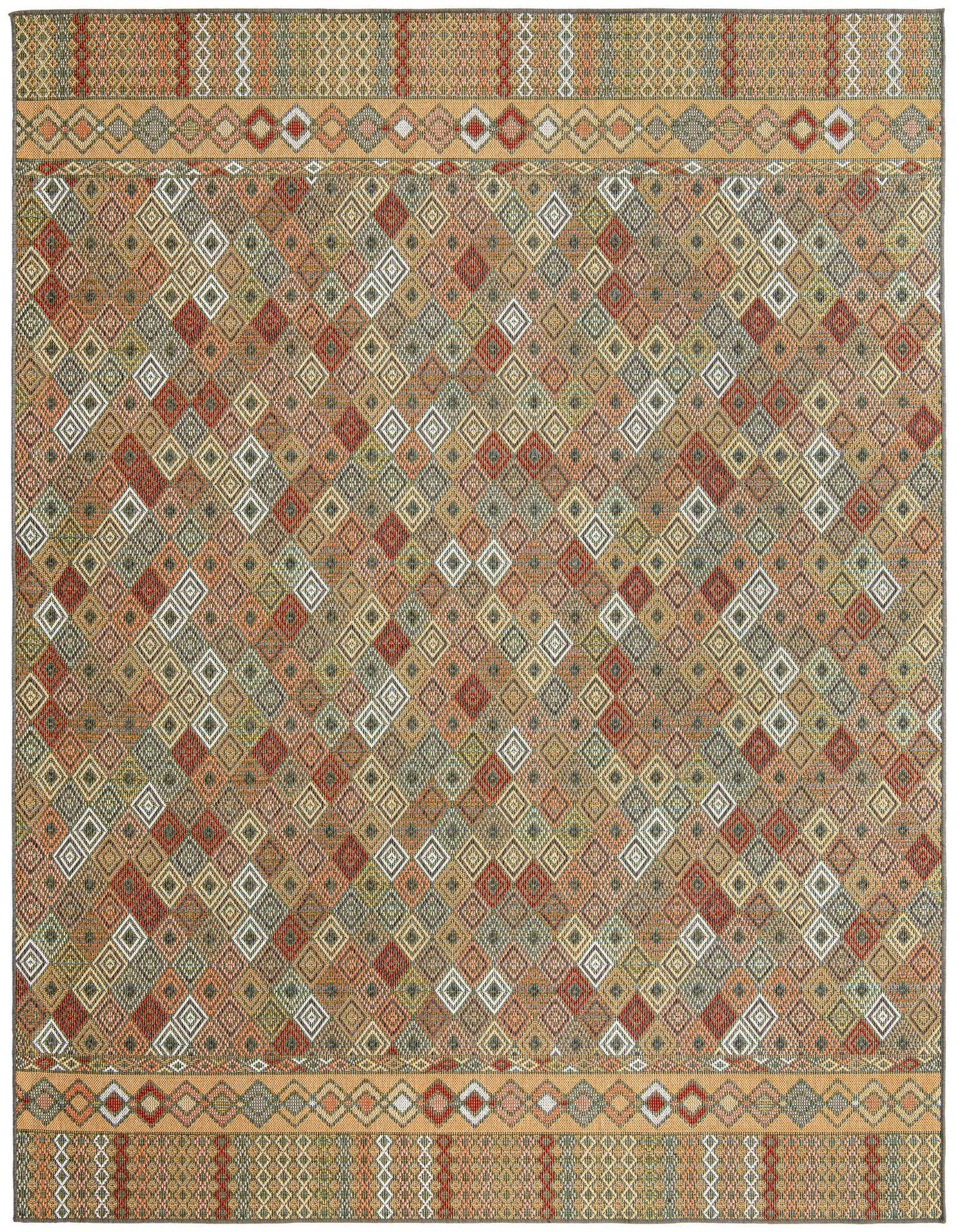 A 9x12 multi-colored rectangular flatweave rug featuring a modern trellis pattern with diamond shapes and decorative borders.