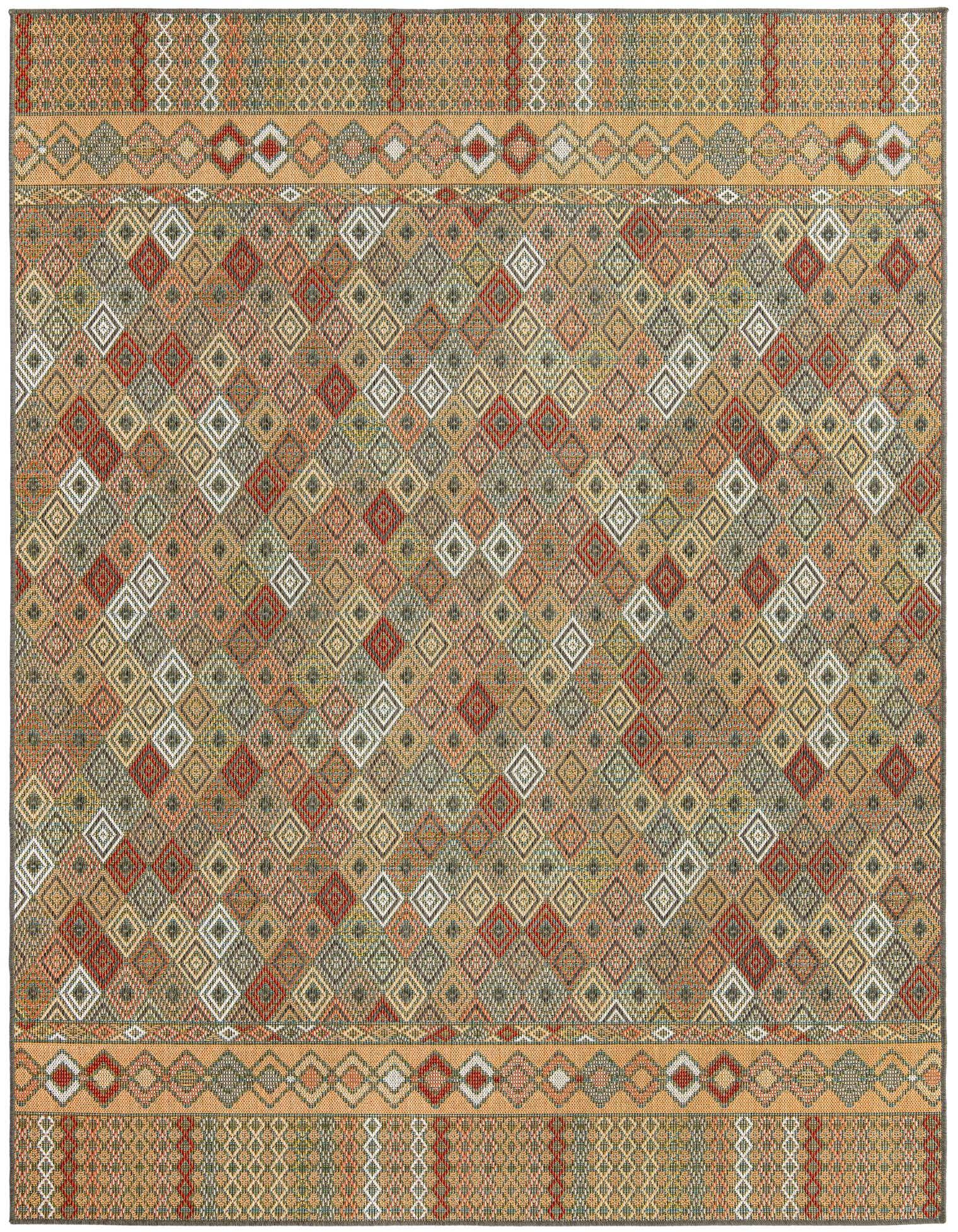 8x10 multi-colored rectangular rug with a modern trellis pattern, featuring a mix of red, green, orange, and beige diamonds, ideal for indoor or outdoor use.