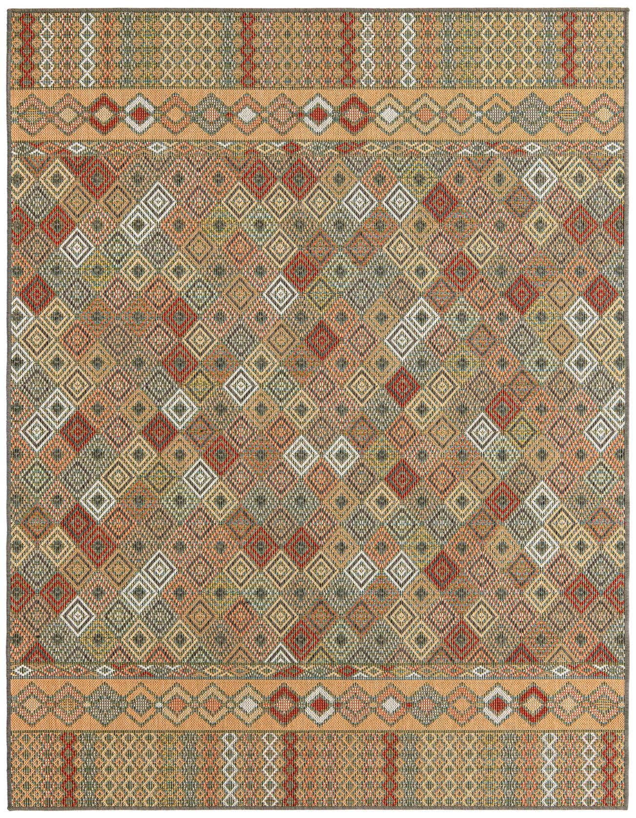 A multi-colored 6x9 rectangular Baja Outdoor rug with a coastal trellis pattern, ideal for indoor or outdoor spaces.