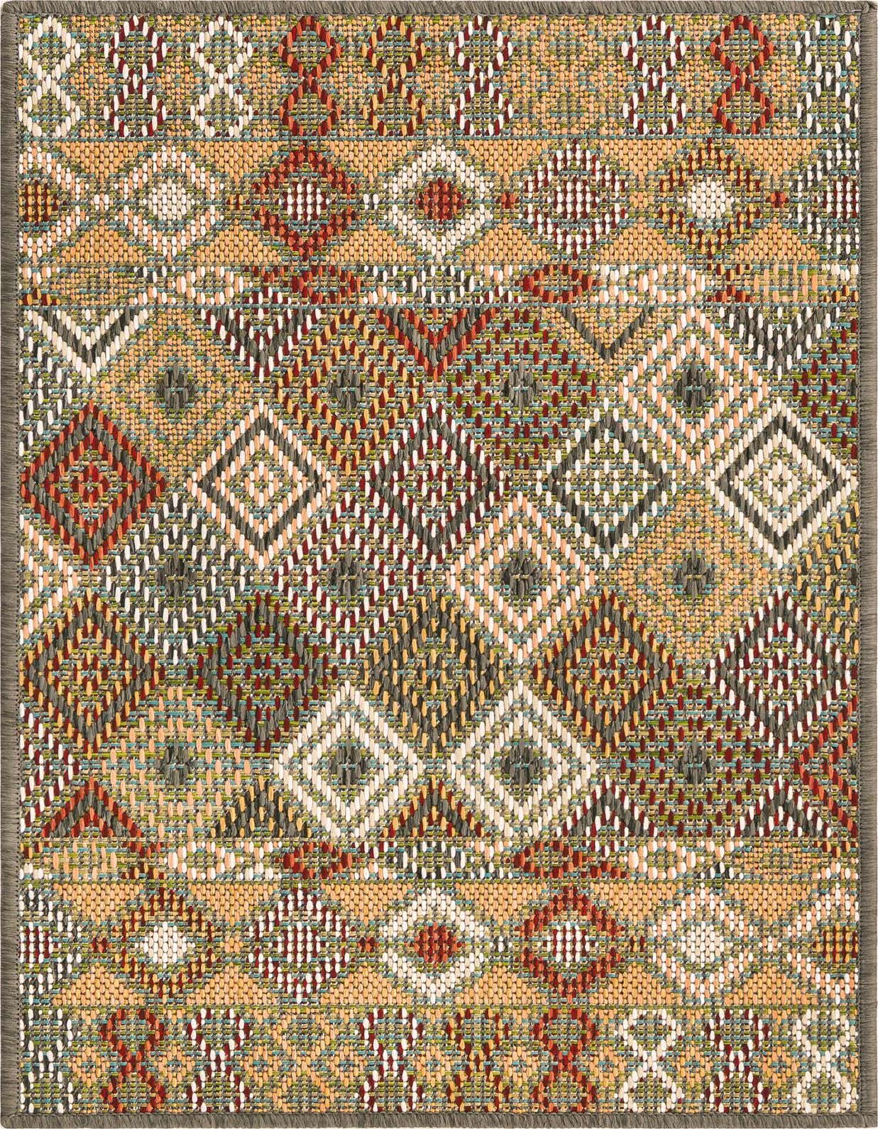 A 2x3 multi-colored rectangular Baja Outdoor rug featuring a modern trellis pattern with various diamond shapes.