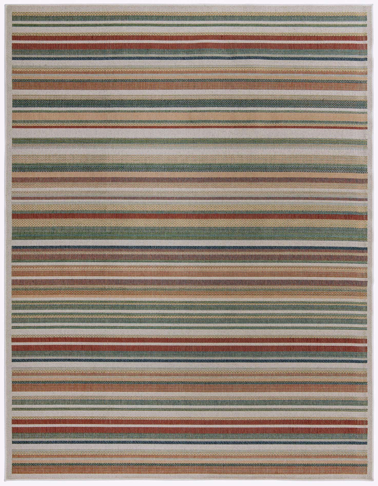 A 9x12 rectangular Baja Outdoor rug featuring thin multi-colored horizontal stripes in various earthy tones, suitable for indoor/outdoor use.