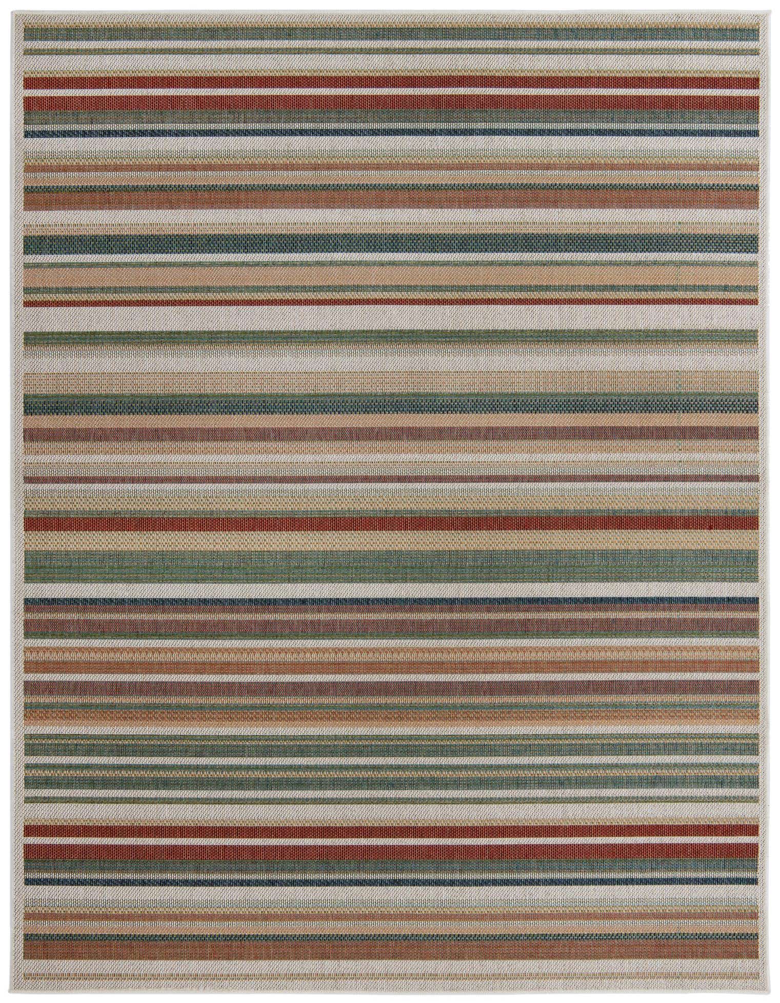 8x10 rectangular Baja Outdoor rug featuring thin multi-colored stripes in red, green, blue, and tan, suitable for indoor/outdoor use.