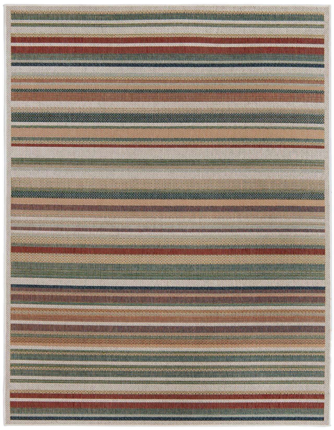 A 6x9 rectangular Baja Outdoor rug featuring modern multi-colored stripes in various widths, suitable for indoor or outdoor use.