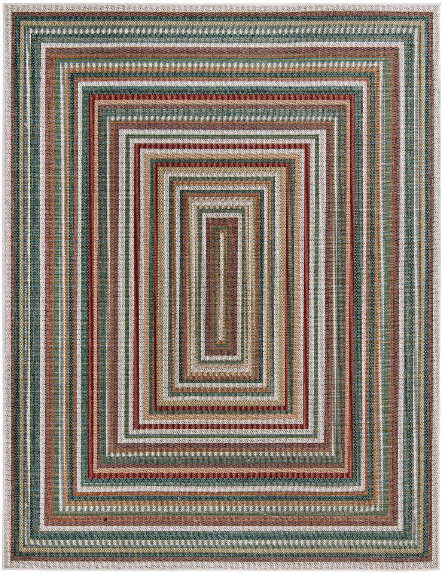 A 9x12 rectangular Baja Outdoor rug featuring a multi-colored striped pattern in concentric rectangles, ideal for indoor or outdoor spaces.