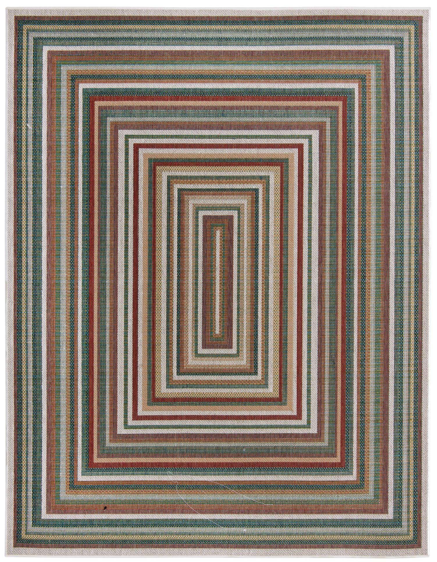 8x10 rectangular Baja Outdoor rug featuring a modern, multi-colored striped pattern in teal, red, and beige, suitable for indoor/outdoor use.