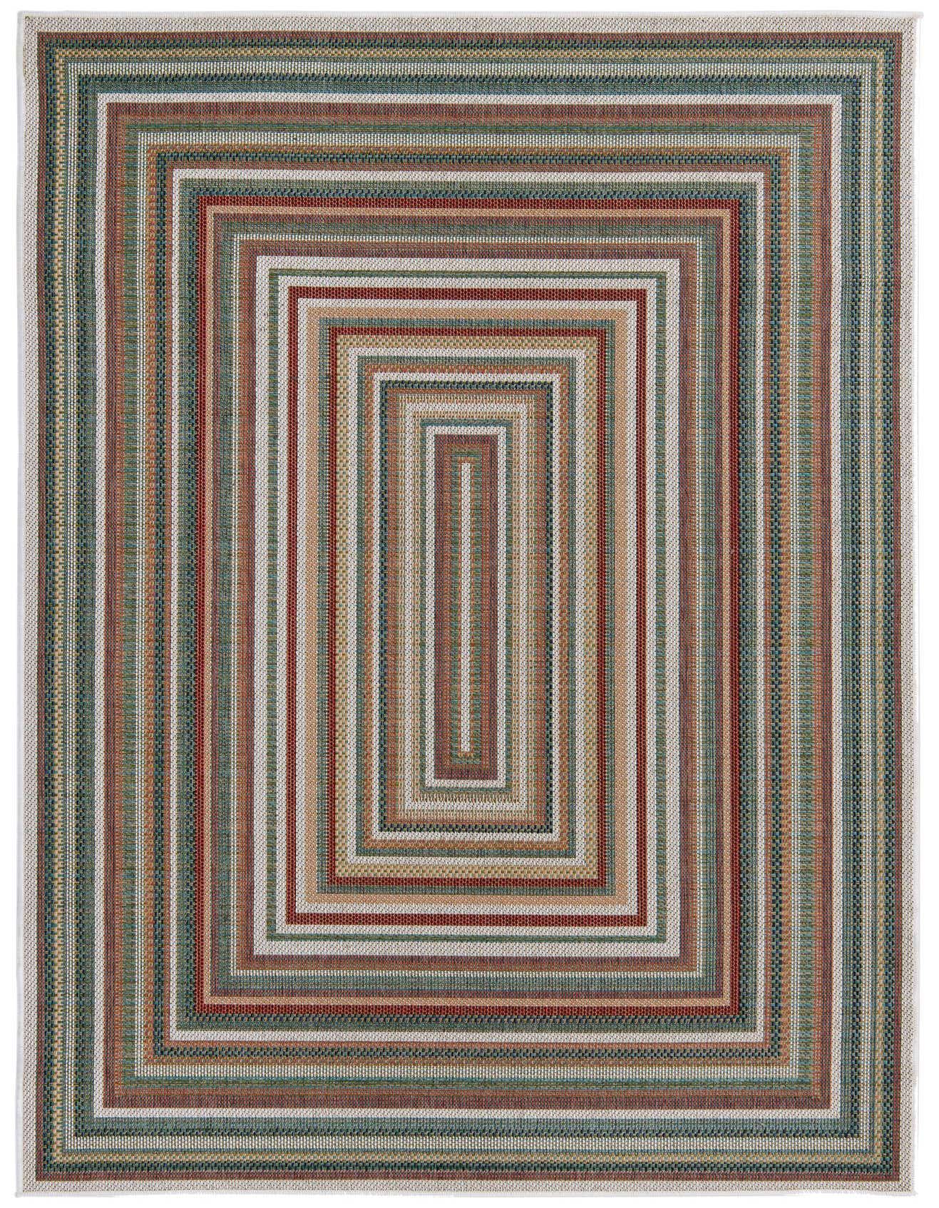 A 6x9 rectangular multi-colored rug featuring a concentric stripe pattern in shades of red, green, blue, and beige, suitable for indoor or outdoor use.