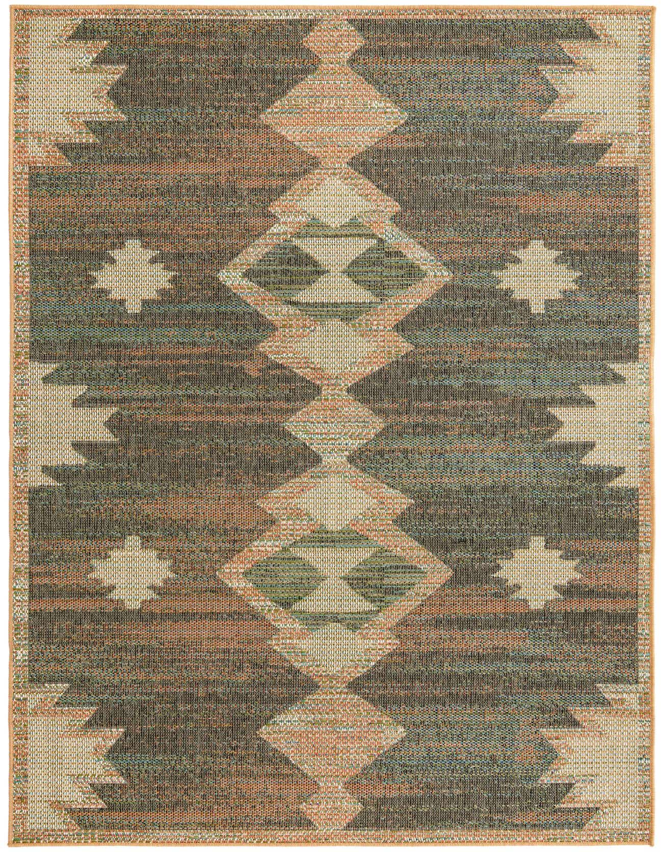 A 6x9 rectangular multi-colored Southwestern flatweave rug with tribal geometric patterns in shades of brown, orange, and teal.