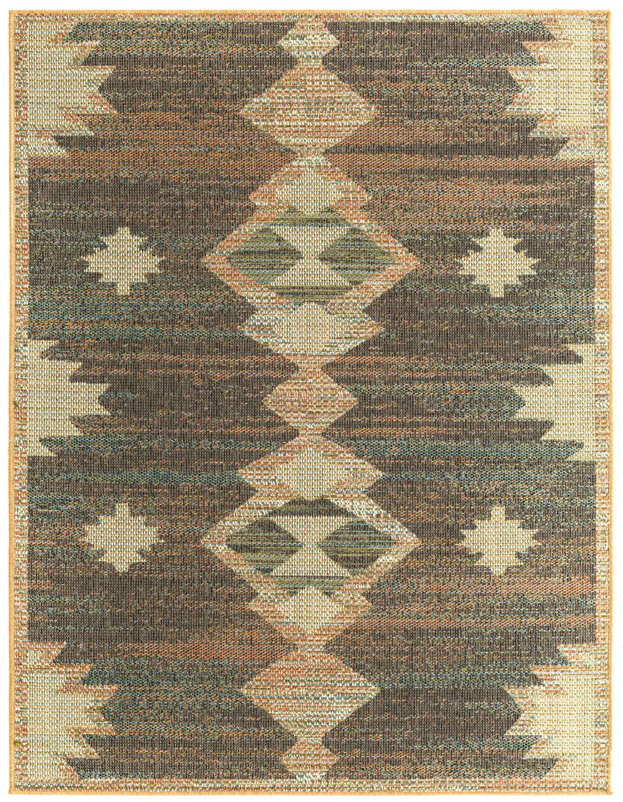 A rectangular 5x8 multi-colored Southwestern rug featuring tribal geometric patterns in shades of brown, beige, green, and orange.