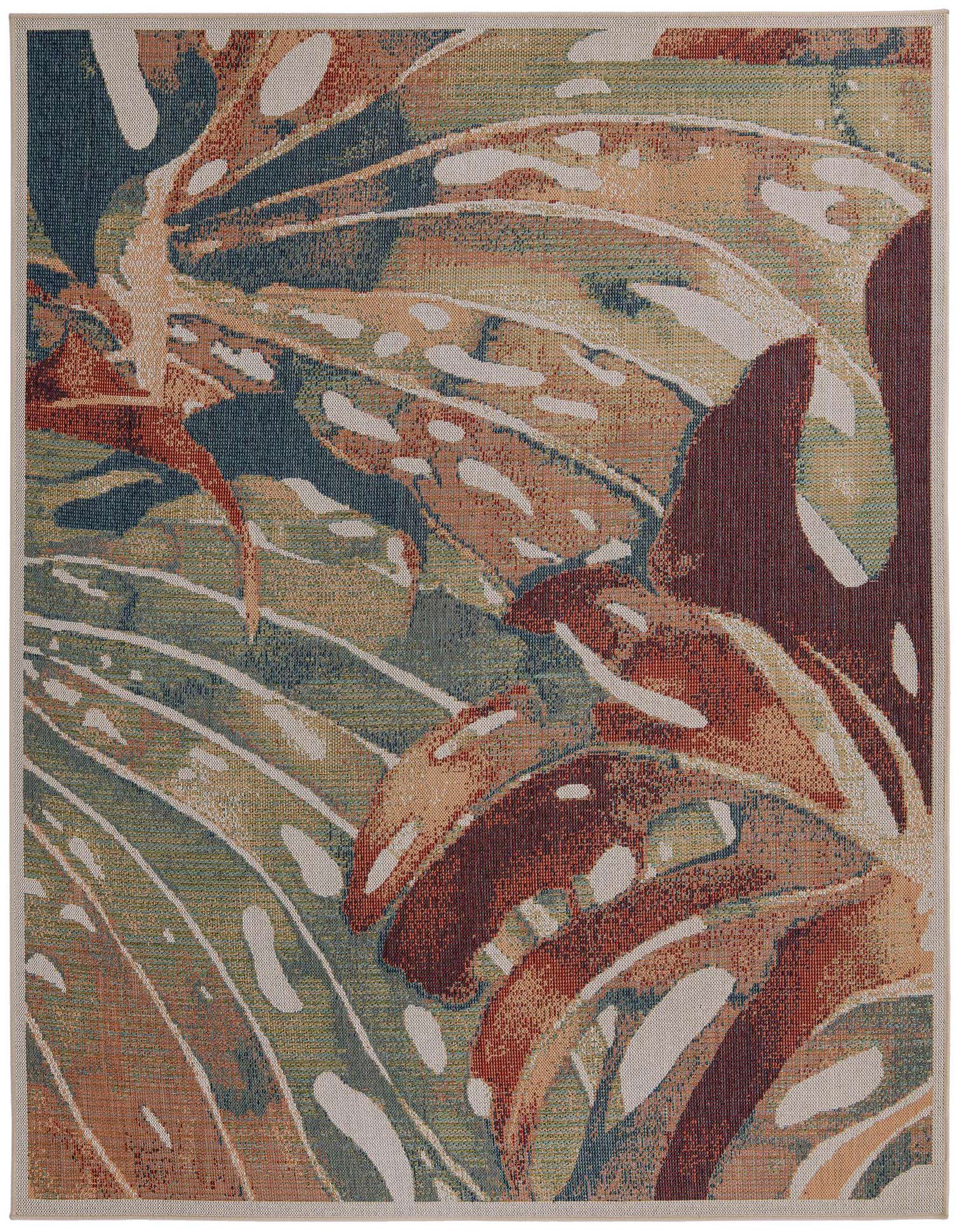 A multi-colored 8x10 rectangular rug featuring a modern botanical pattern with large, abstract monstera leaves in shades of green, blue, orange, and red, on a light background.