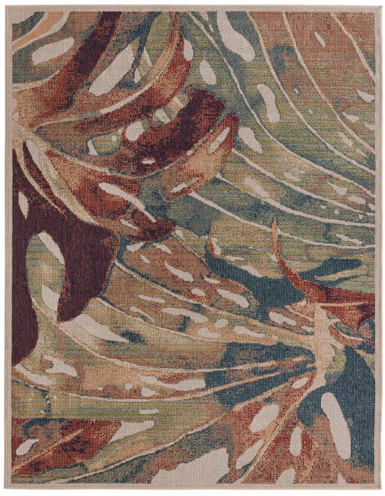 A 5x8 multi-colored rectangular rug with a modern botanical pattern featuring large, abstract leaves in shades of green, rust, and blue, with beige accents.