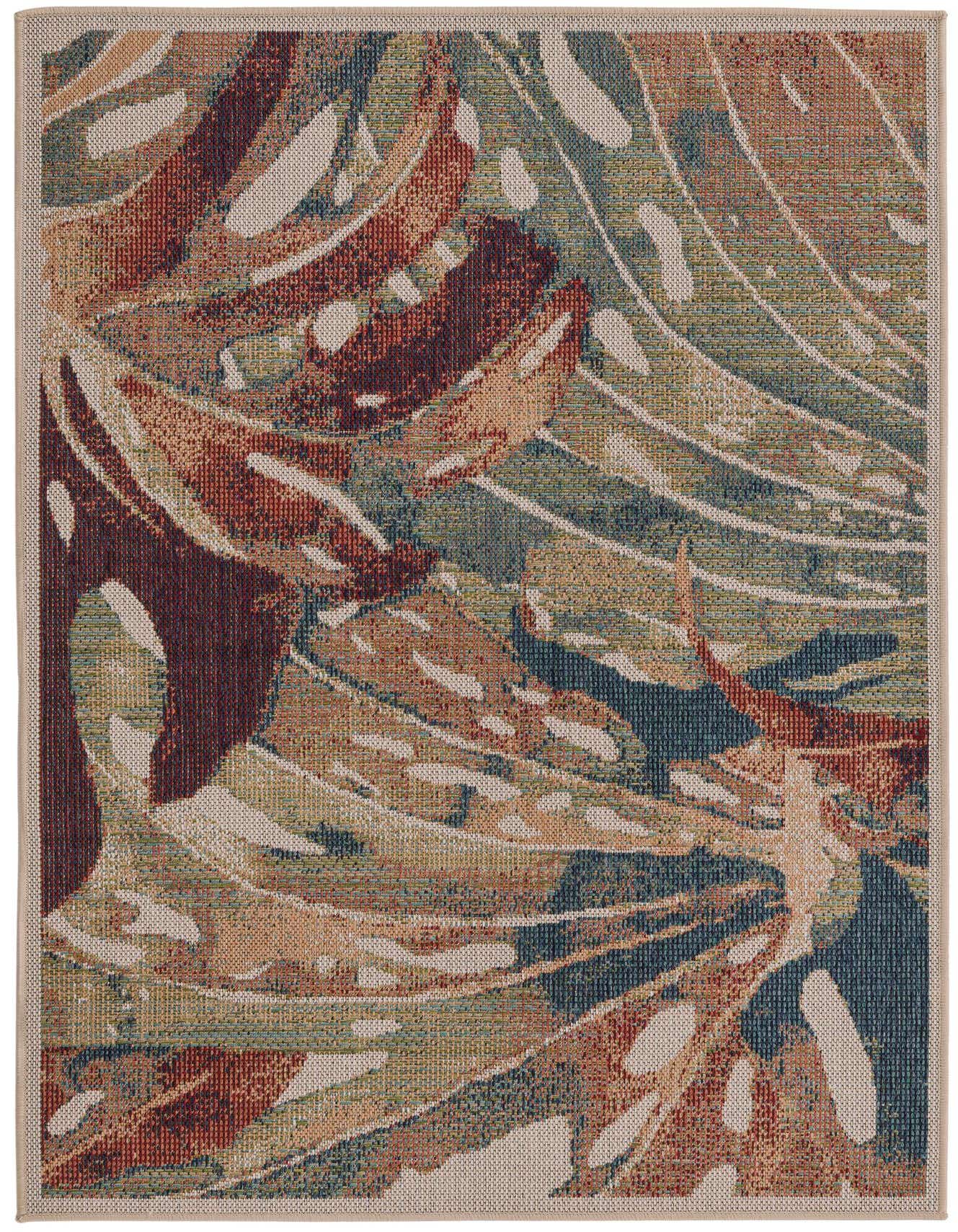 A 4x6 multi-colored rectangular rug with a modern botanical pattern featuring large leaves in shades of red, green, blue, and beige.