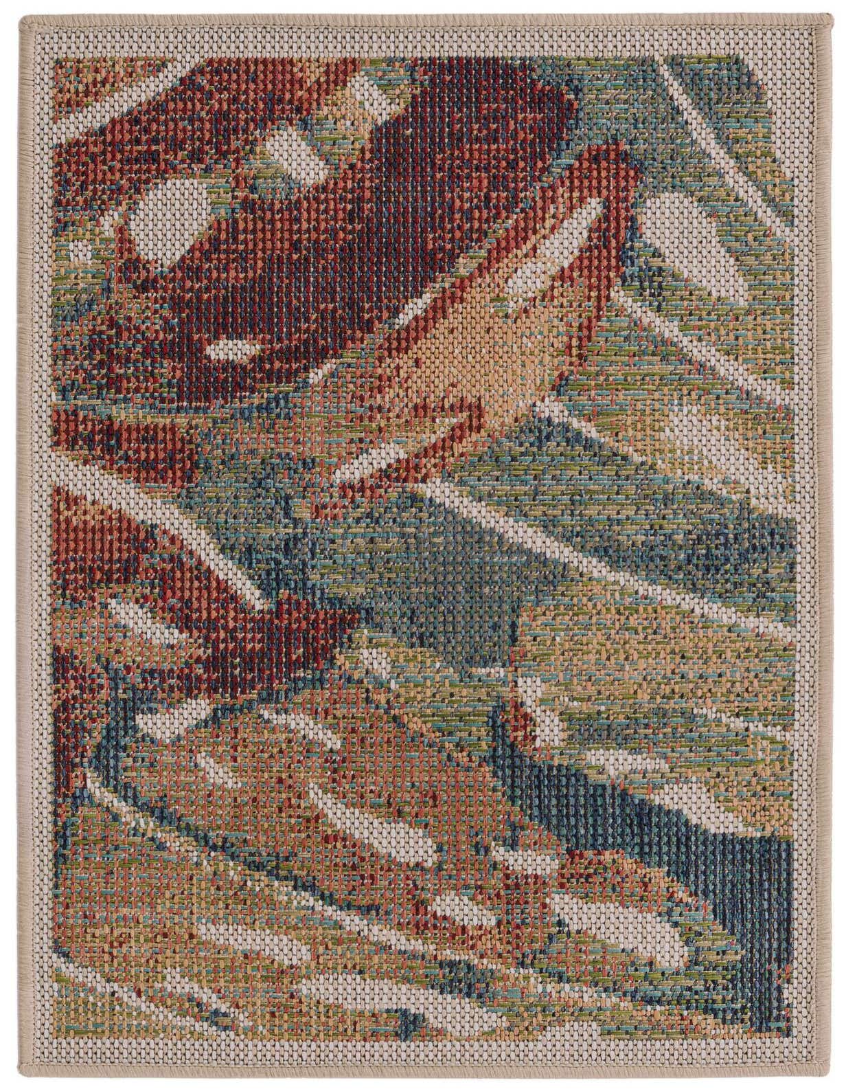 A 2x3 rectangular Baja Outdoor rug featuring a multi-colored botanical pattern with shades of red, blue, green, and beige, suitable for indoor or outdoor use.