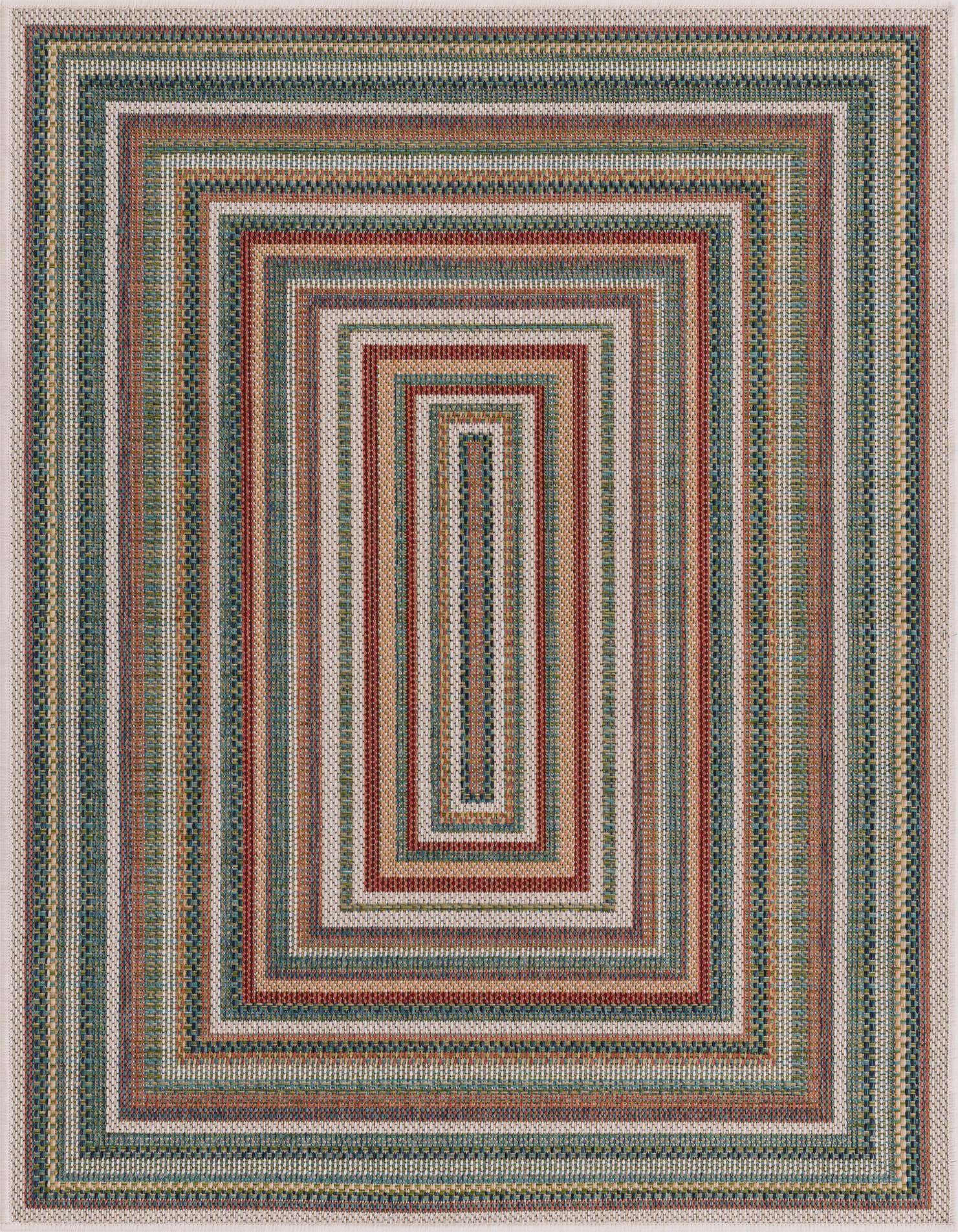 A 10x13 multi-colored rectangular rug with a modern striped pattern, featuring concentric rectangles in various hues like teal, red, orange, and beige.