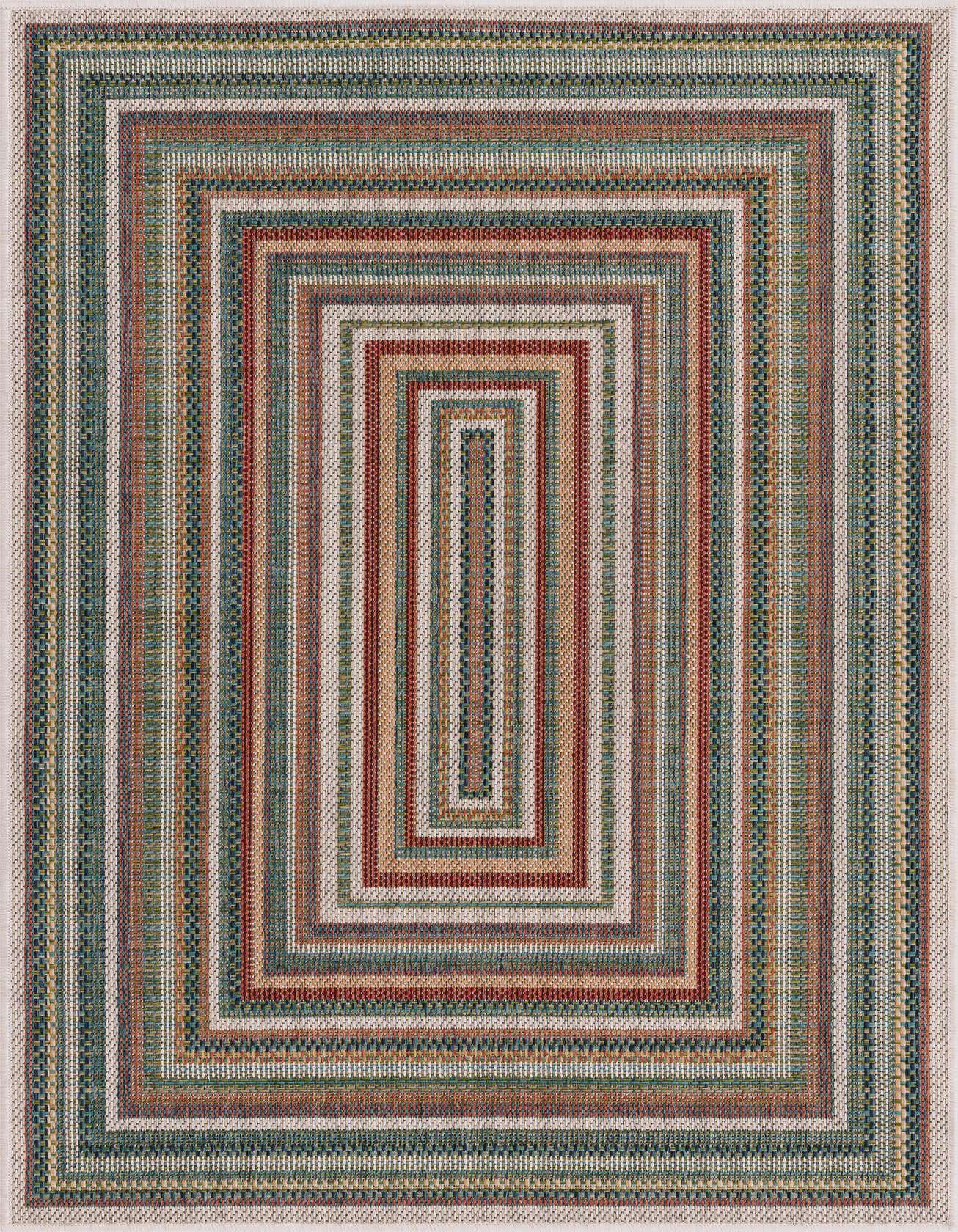 A 3x5 rectangular Baja Outdoor rug featuring a multi-colored striped pattern in concentric rectangles, ideal for indoor or outdoor spaces.