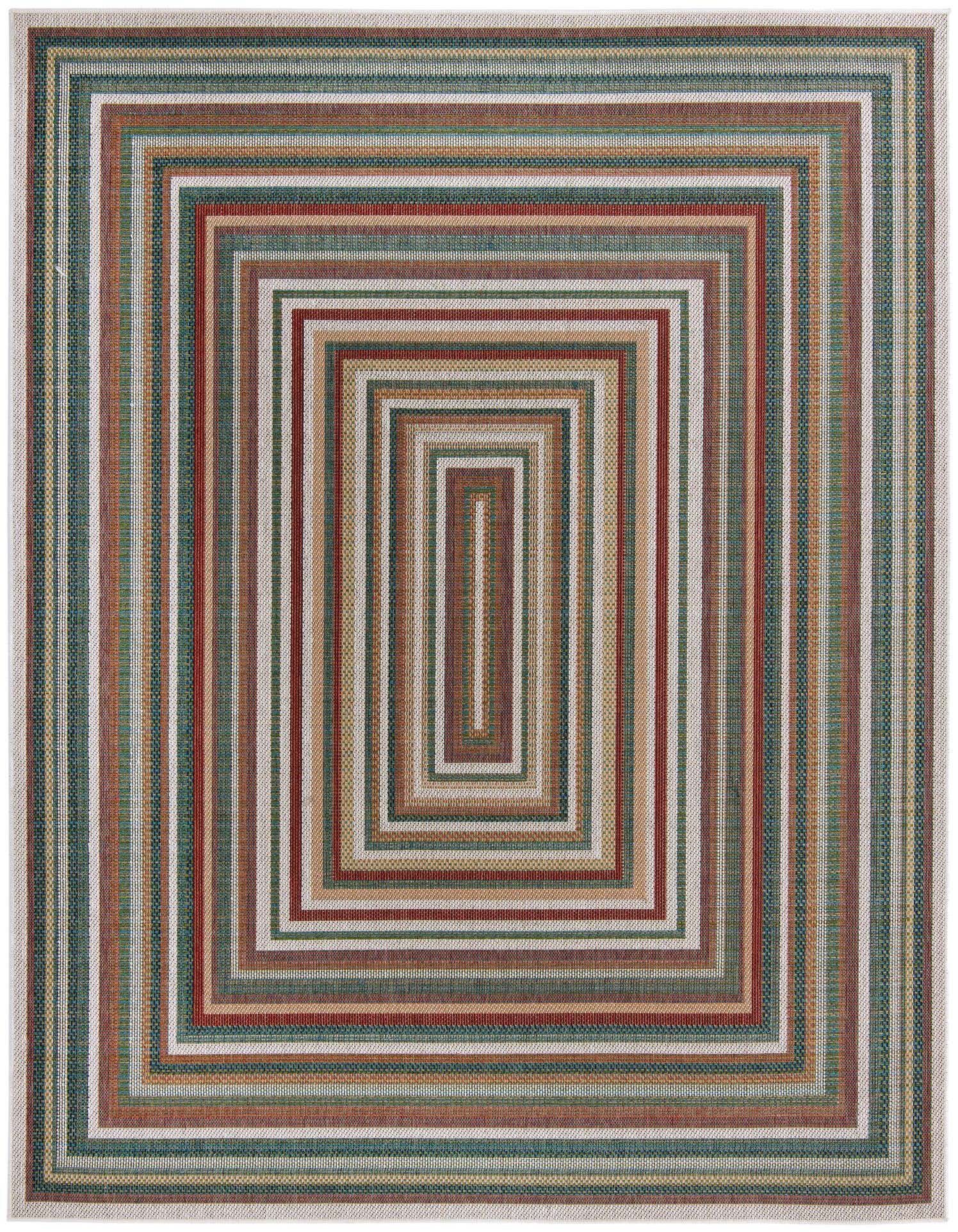 A rectangular 8x11 multi-colored rug with a modern striped pattern, featuring concentric rectangles in various shades of red, green, brown, and white.