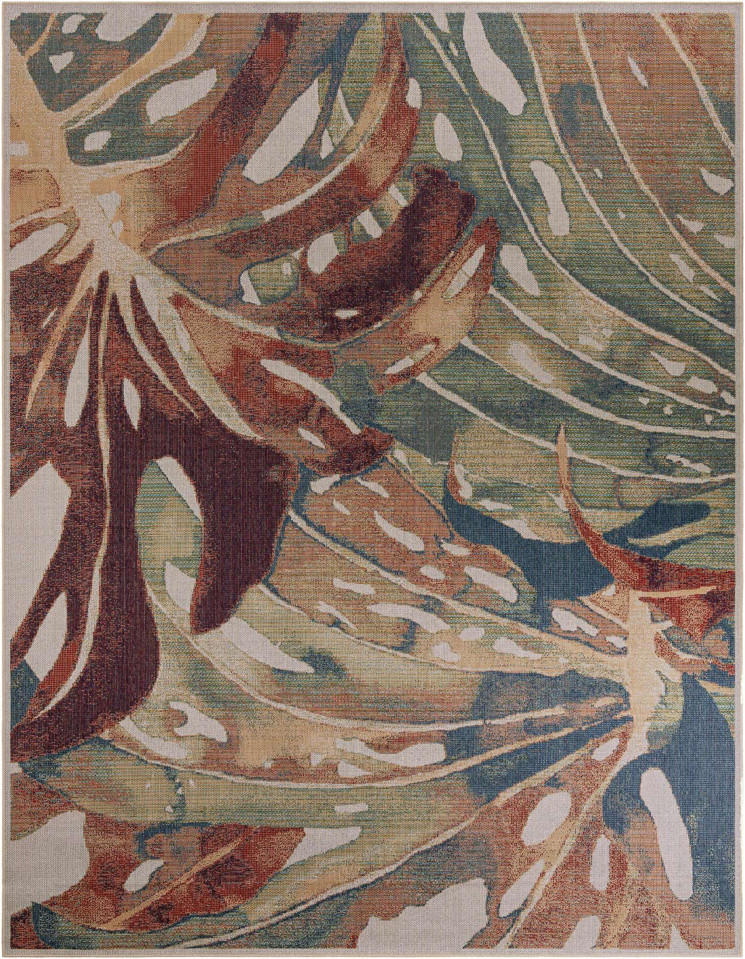 A 10x13 multi-colored botanical area rug featuring large, abstract monstera leaves in shades of green, rust, gold, and blue, with a thin, flatweave texture.