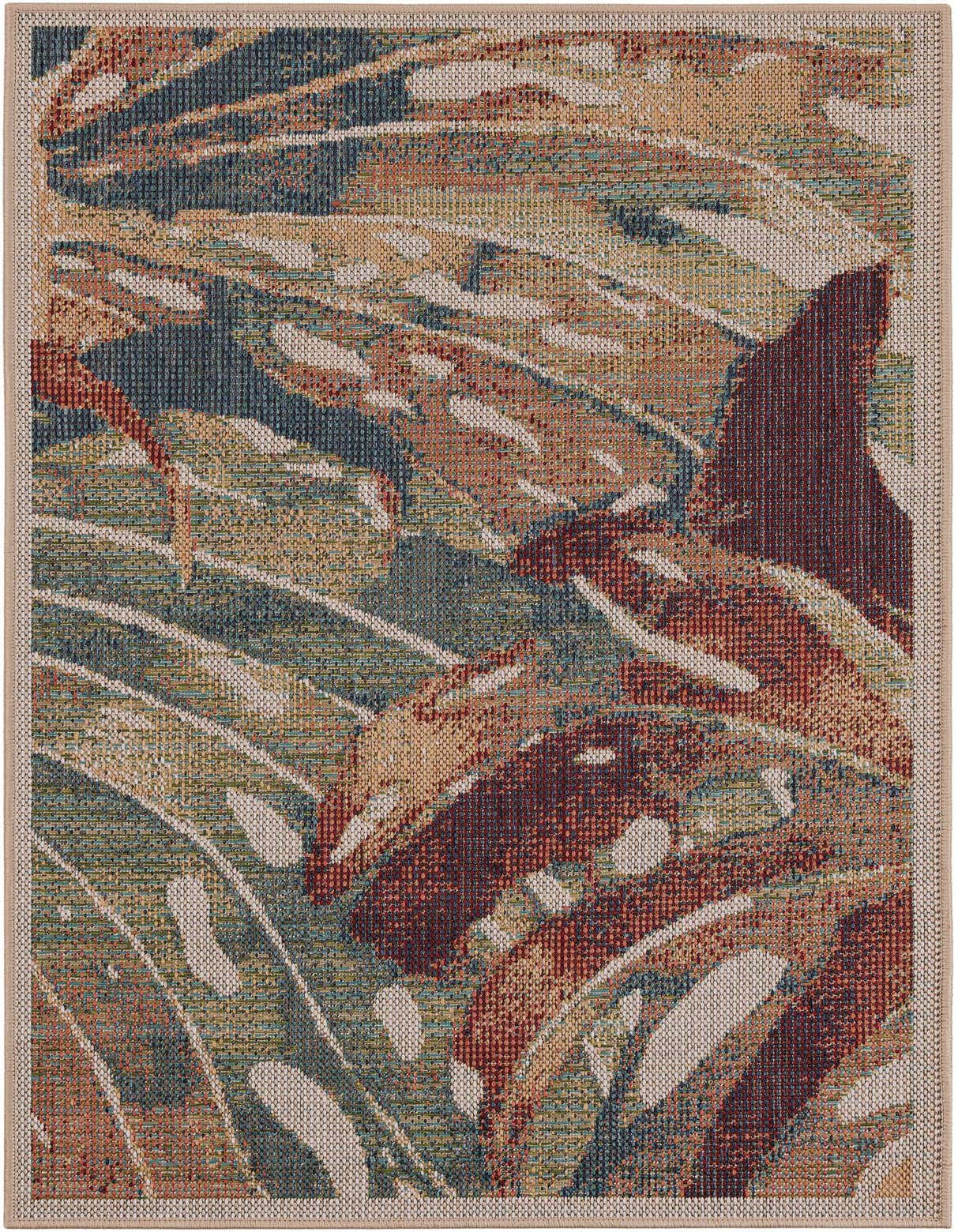 A 3x5 rectangular multi-colored botanical rug featuring large, abstract leaves in shades of teal, rust, green, and beige, with a thin, flatweave texture.