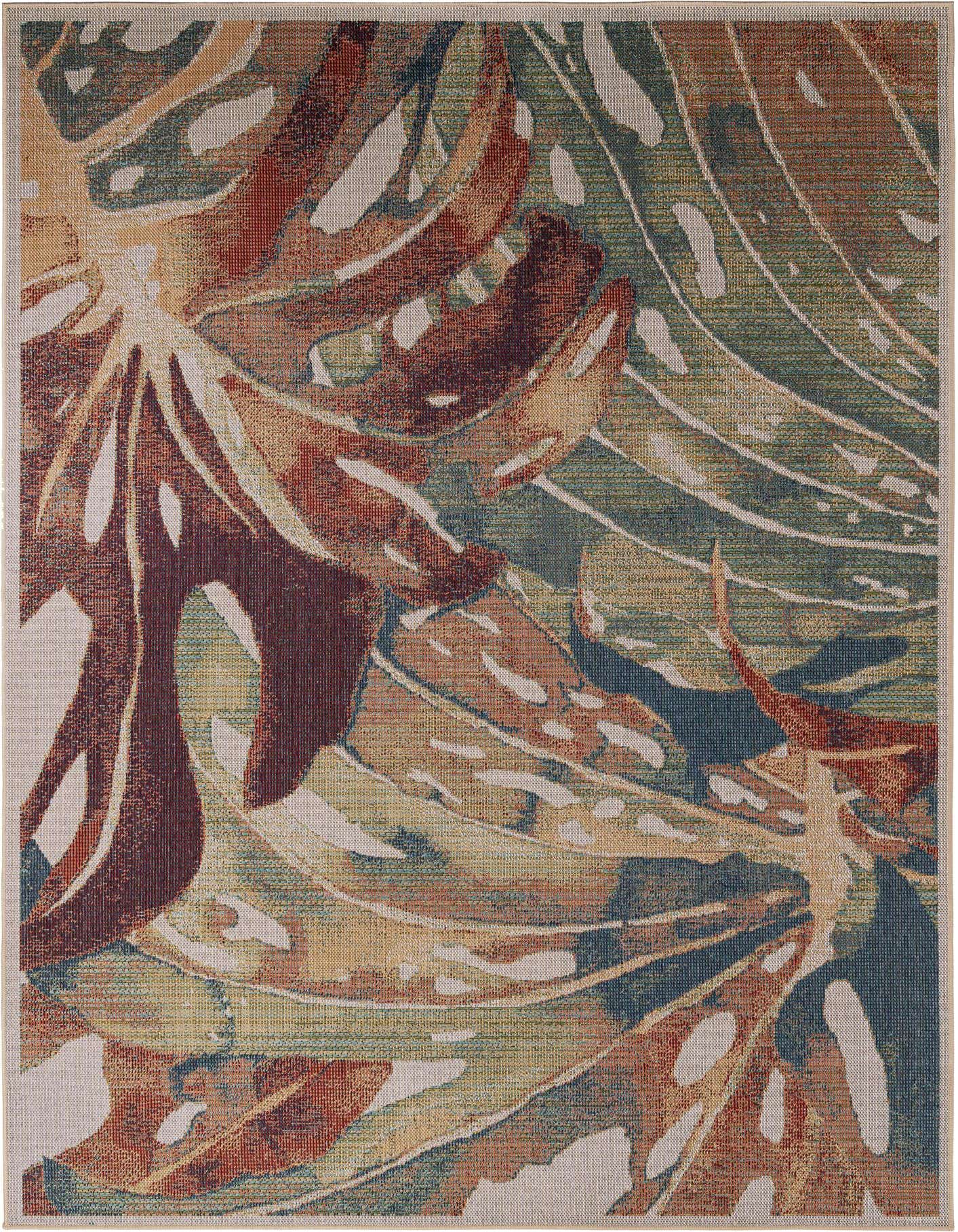 A 7x10 multi-colored rectangular rug featuring a modern botanical pattern of large, stylized monstera leaves in shades of rust, green, gold, and blue.