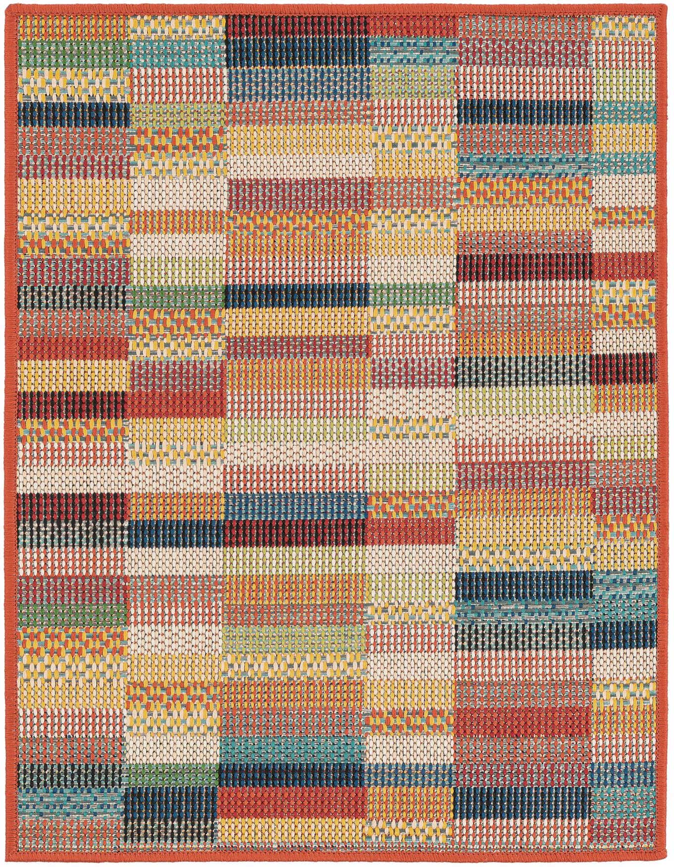 A 2x3 multi-colored rectangular rug with a modern abstract pattern of various striped and solid blocks, featuring an orange border.