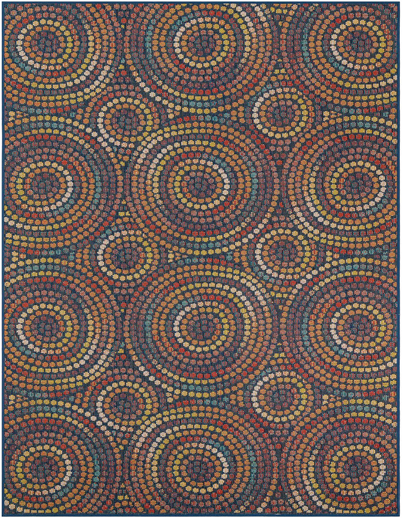 A 6x9 rectangular multi-colored modern abstract rug with concentric circles in various hues on a dark blue background.