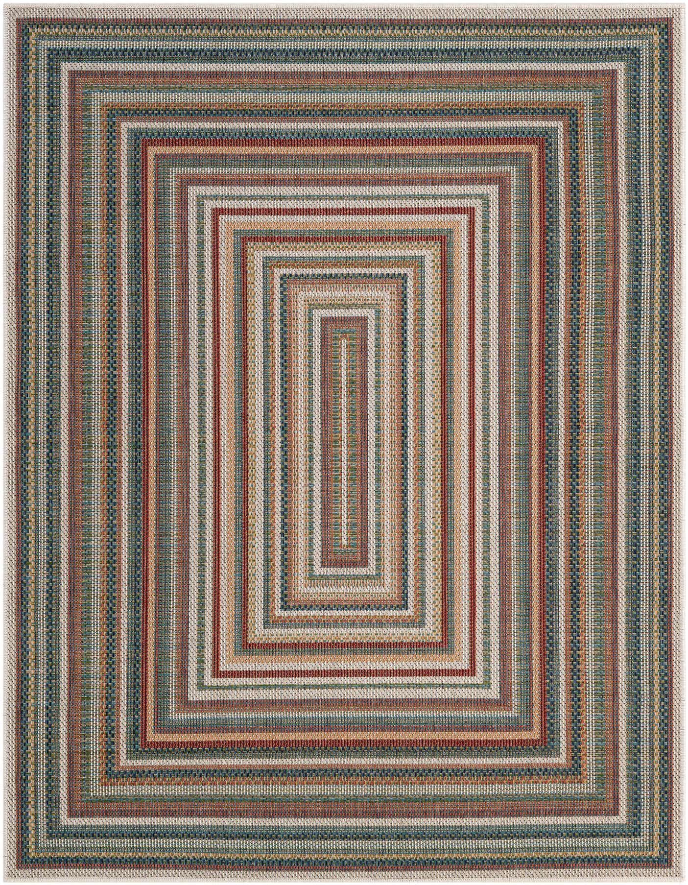 A 5x7 rectangular Baja Outdoor rug featuring a modern multi-colored striped pattern in shades of blue, red, green, and beige, suitable for indoor or outdoor use.
